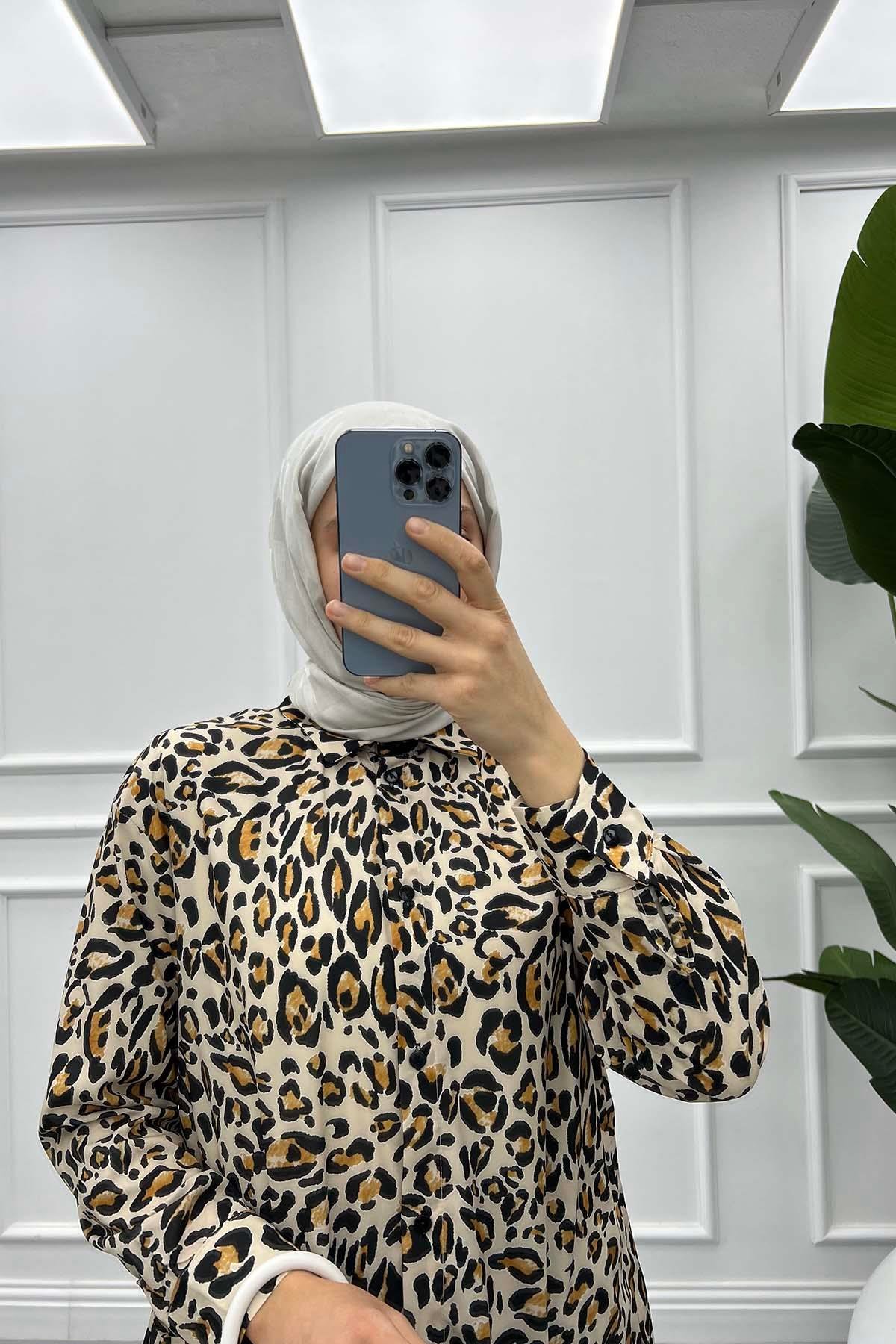 Leopar Desenli Gömlek Ekru