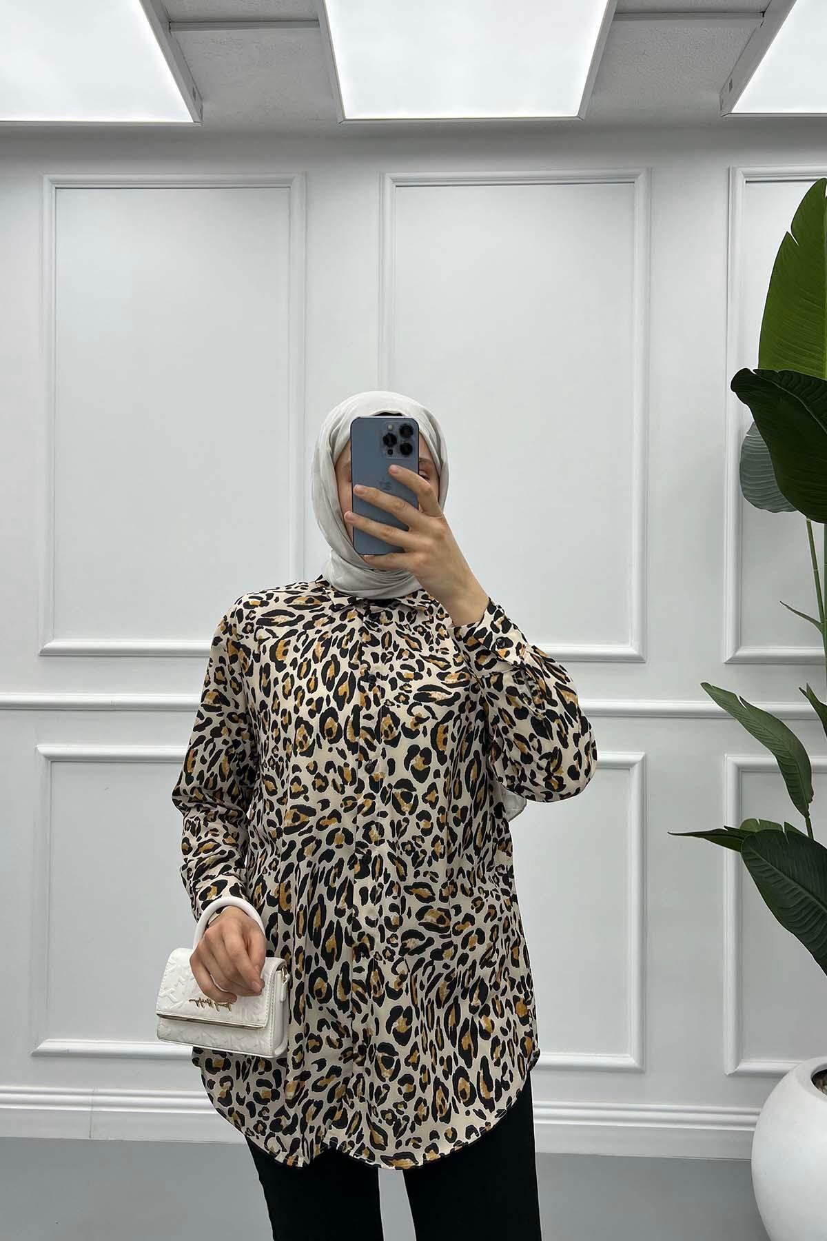 Leopar Desenli Gömlek Ekru