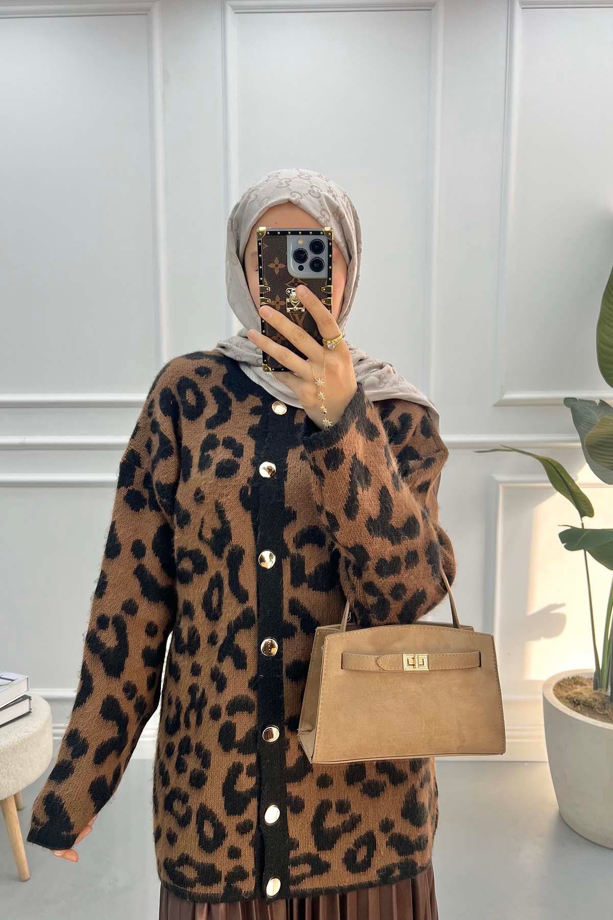 Leopar Desenli Hırka Acı Kahve