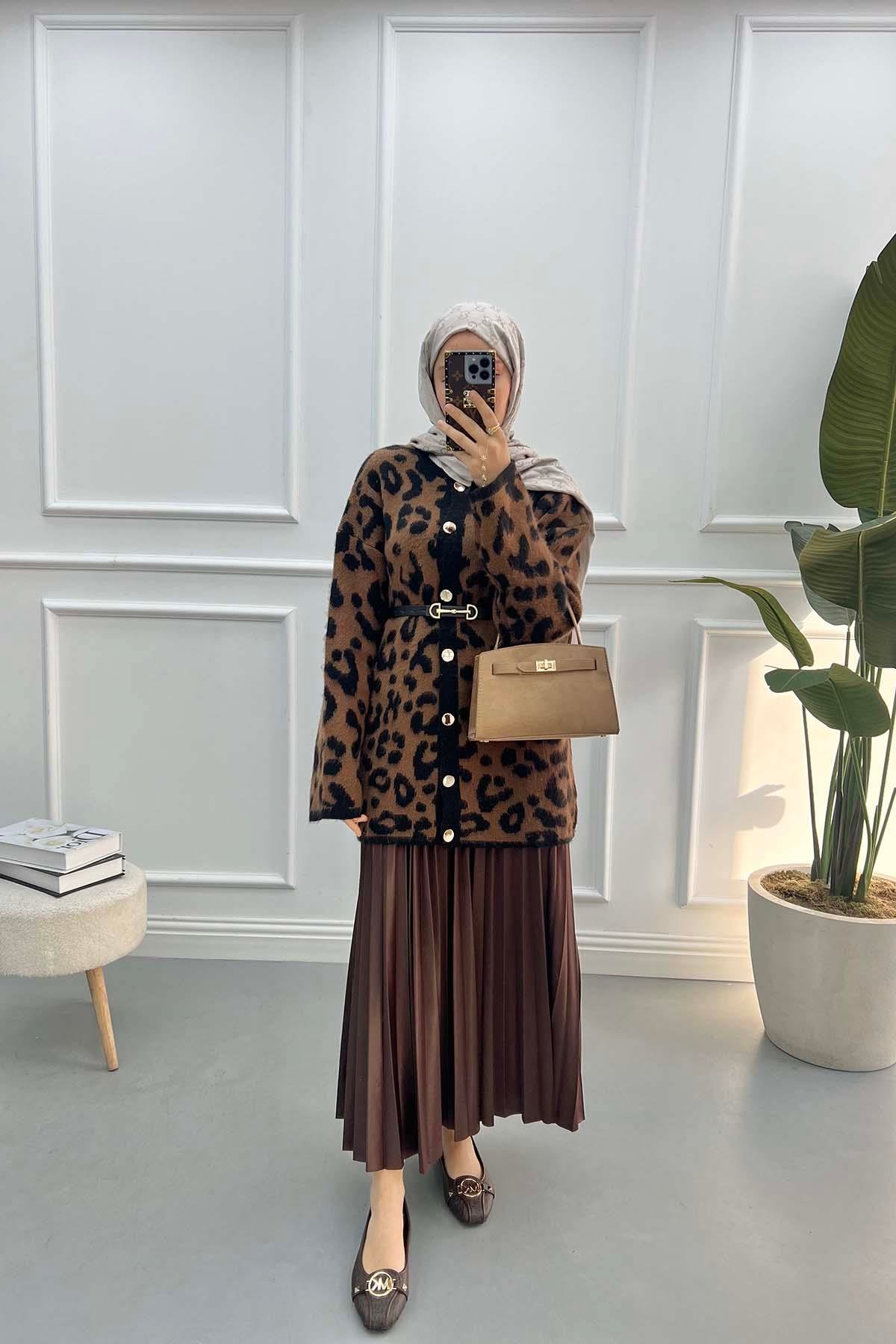 Leopar Desenli Hırka Acı Kahve