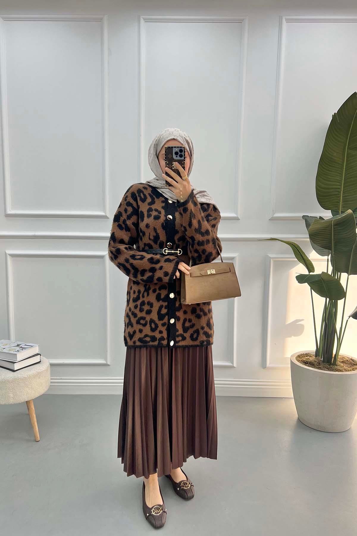 Leopar Desenli Hırka Acı Kahve