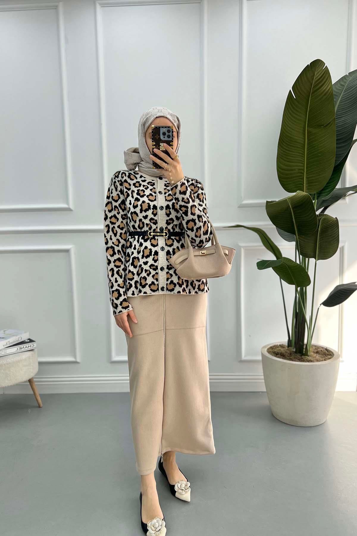 Leopar Desenli Hırka Bej