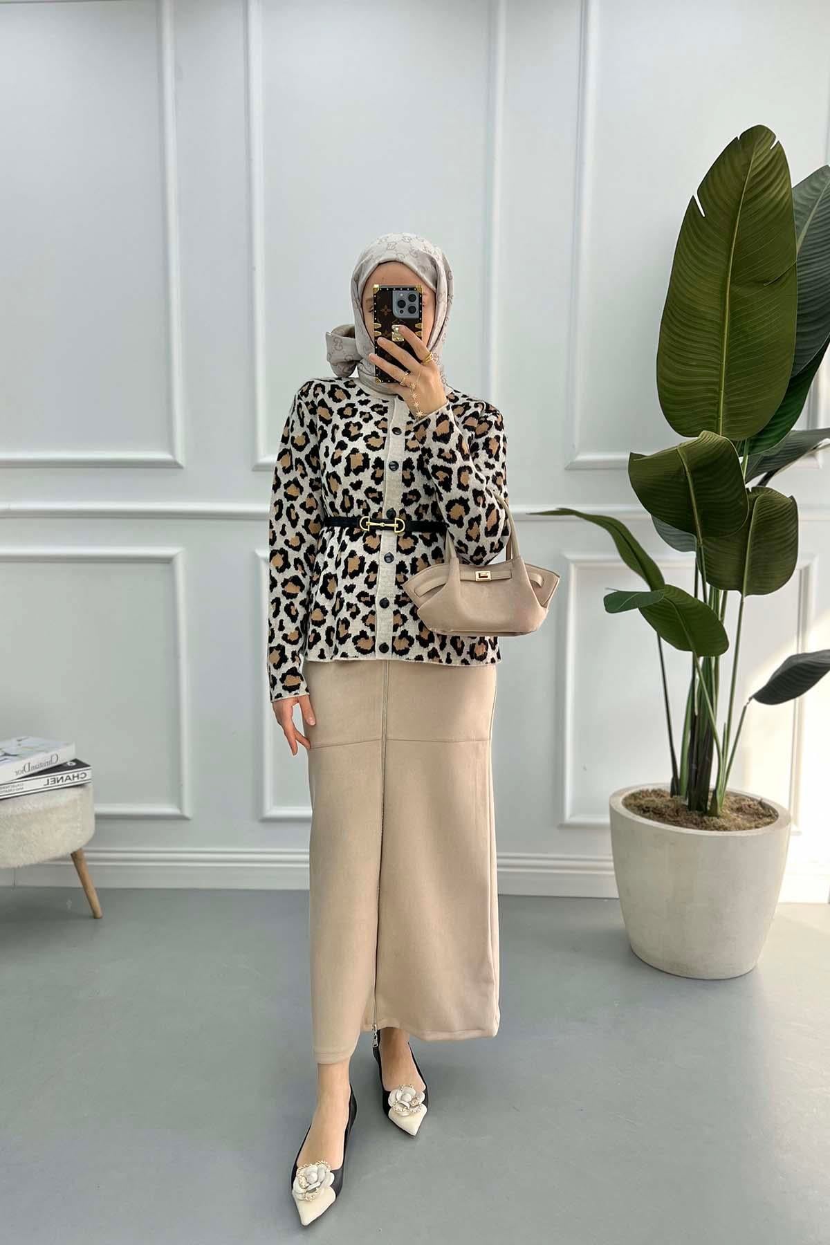 Leopar Desenli Hırka Bej