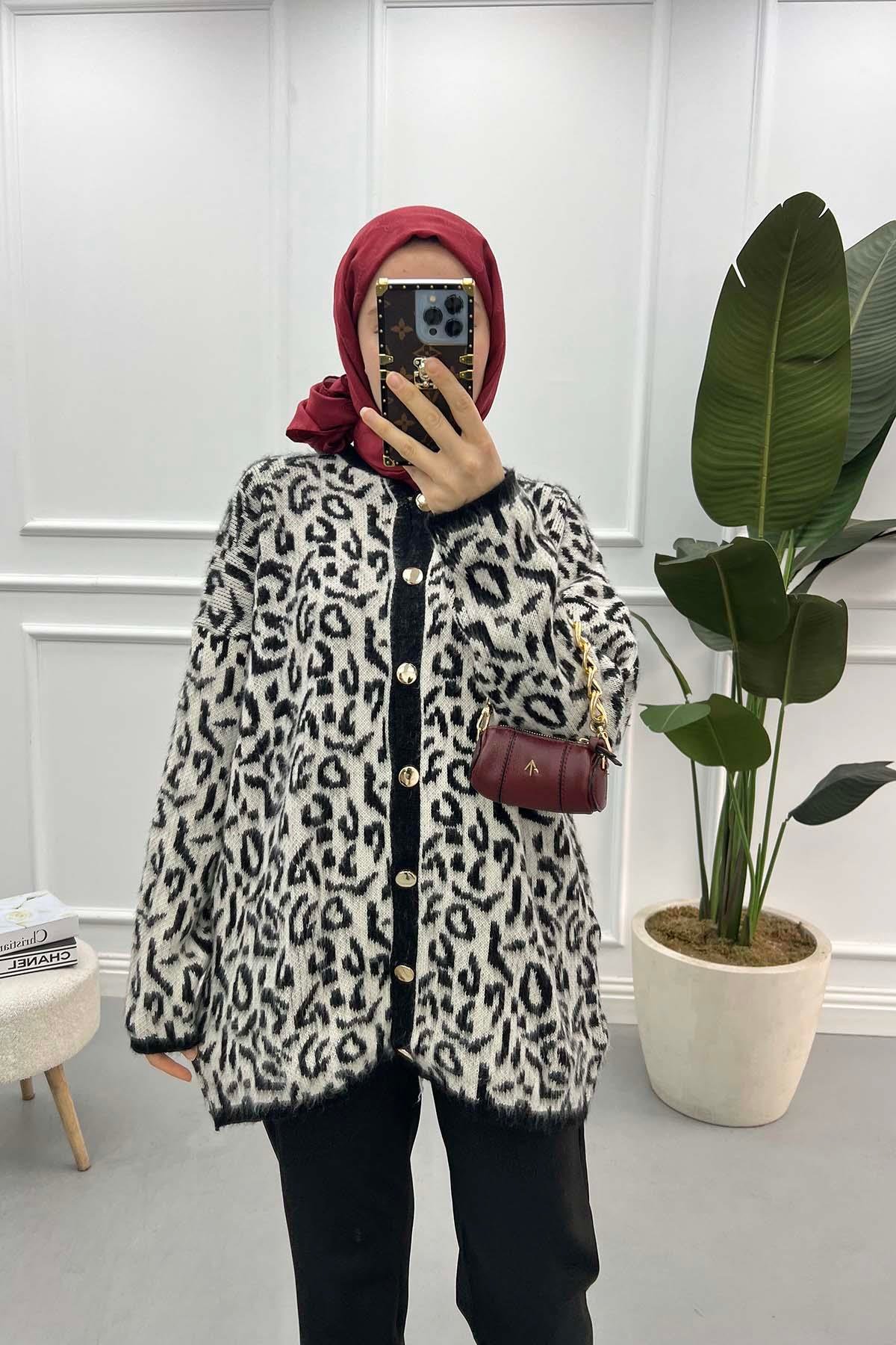 Leopar Desenli Hırka Ekru