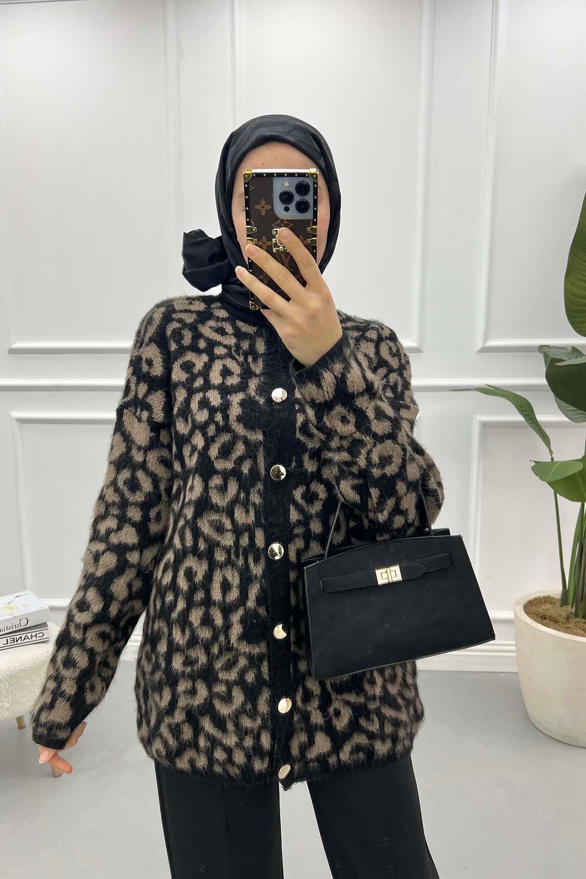 Leopar Desenli Hırka Kahve
