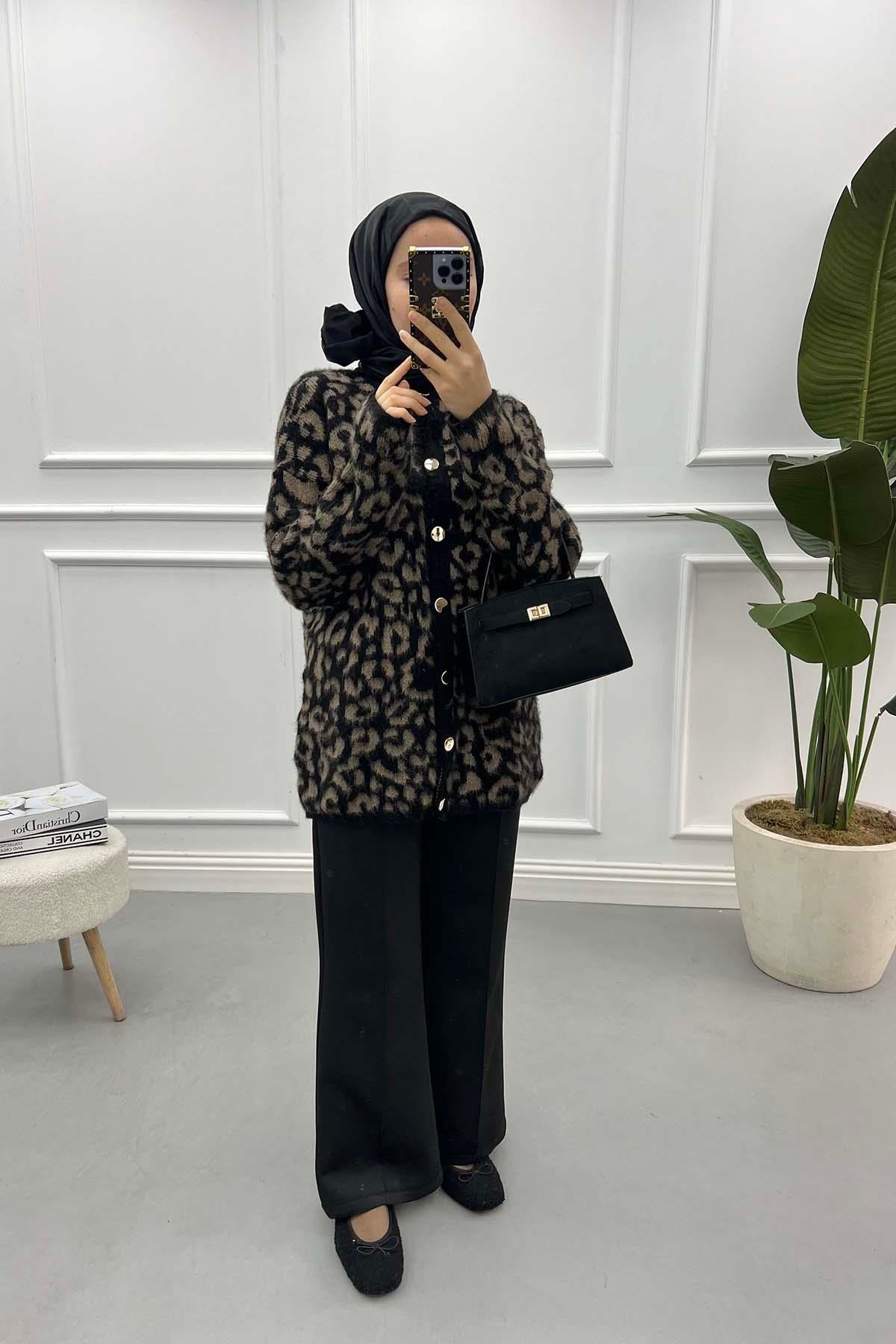 Leopar Desenli Hırka Kahve