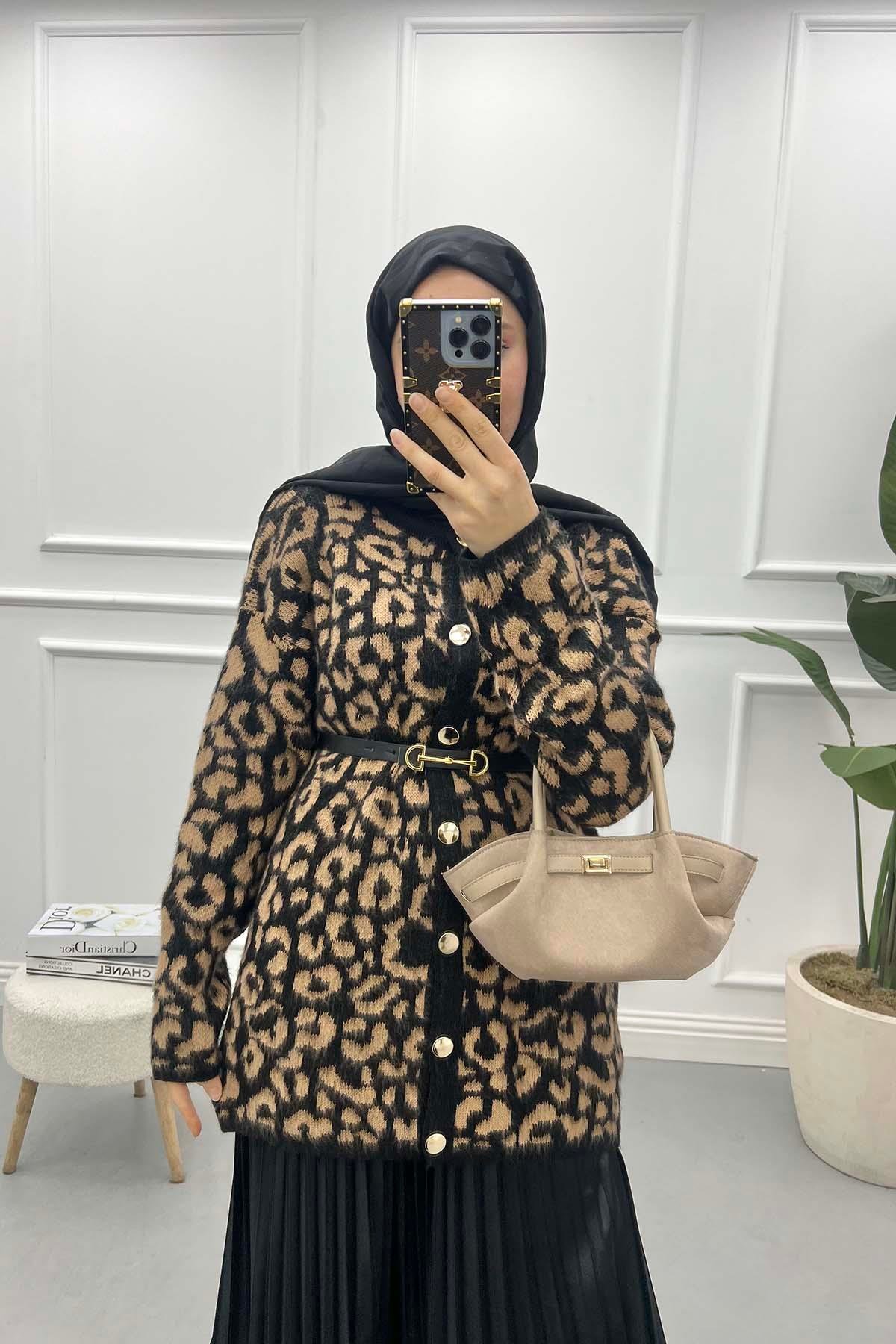 Leopar Desenli Hırka Siyah