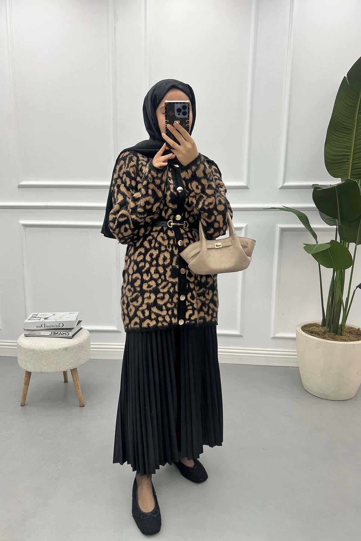 Leopar Desenli Hırka Siyah
