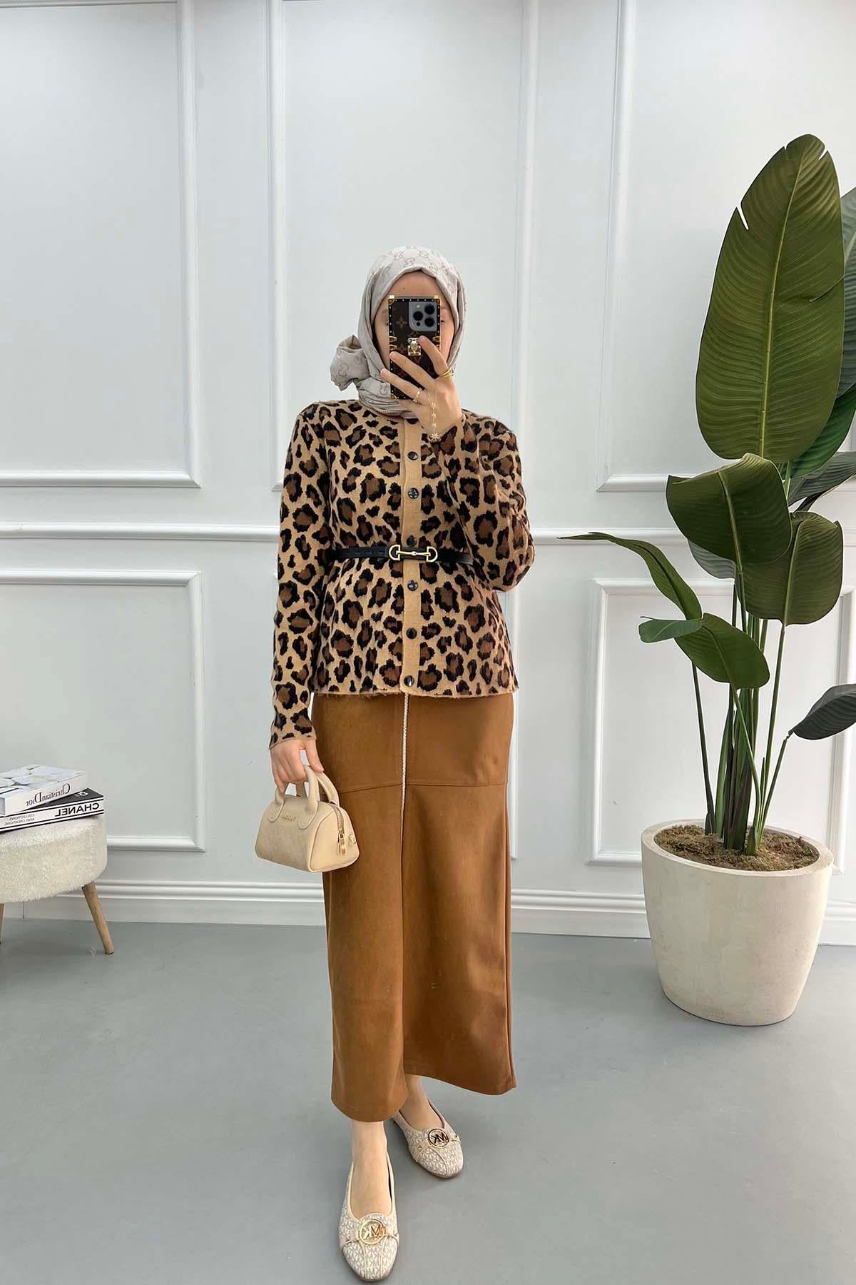 Leopar Desenli Hırka Sütlü Kahve