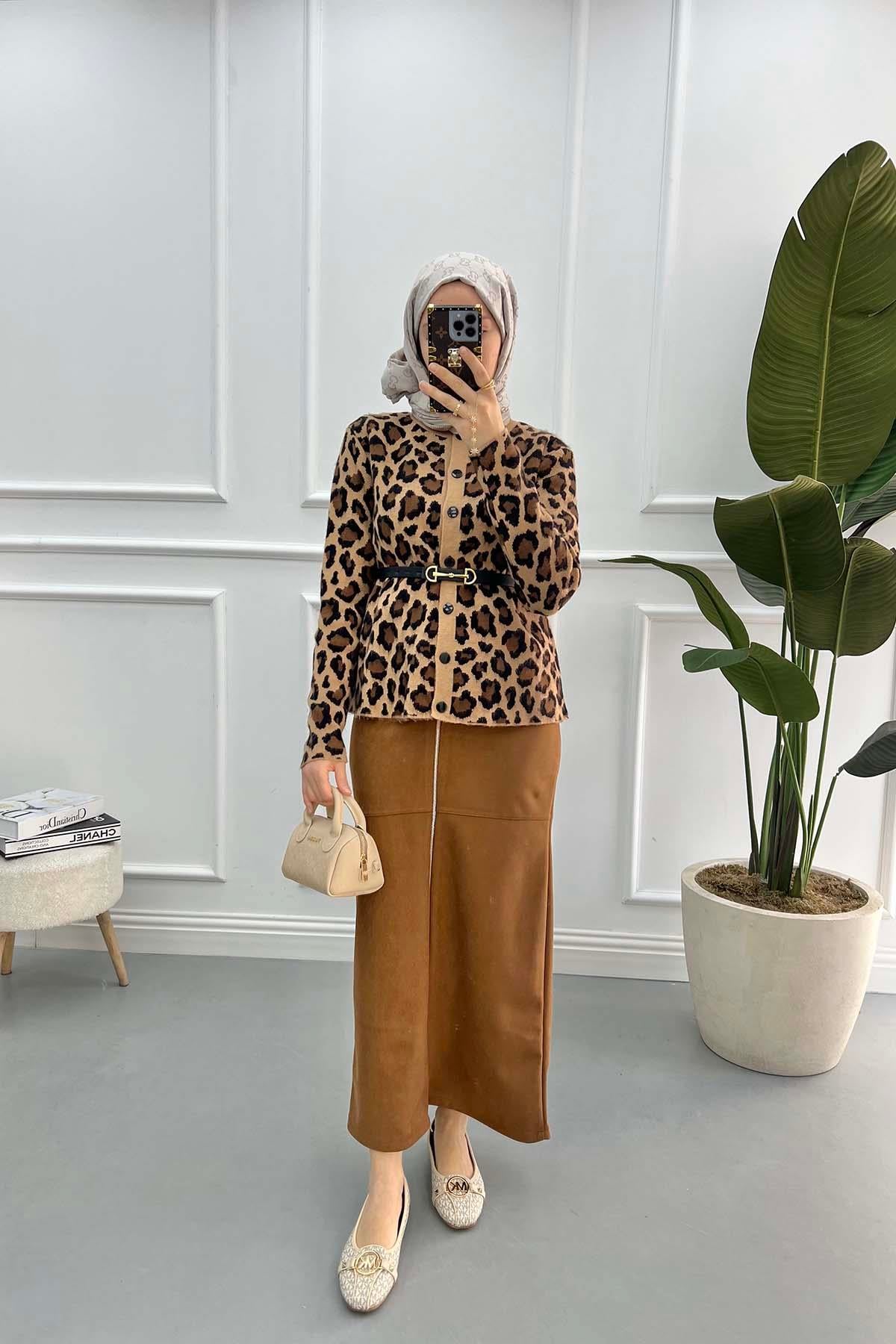 Leopar Desenli Hırka Sütlü Kahve