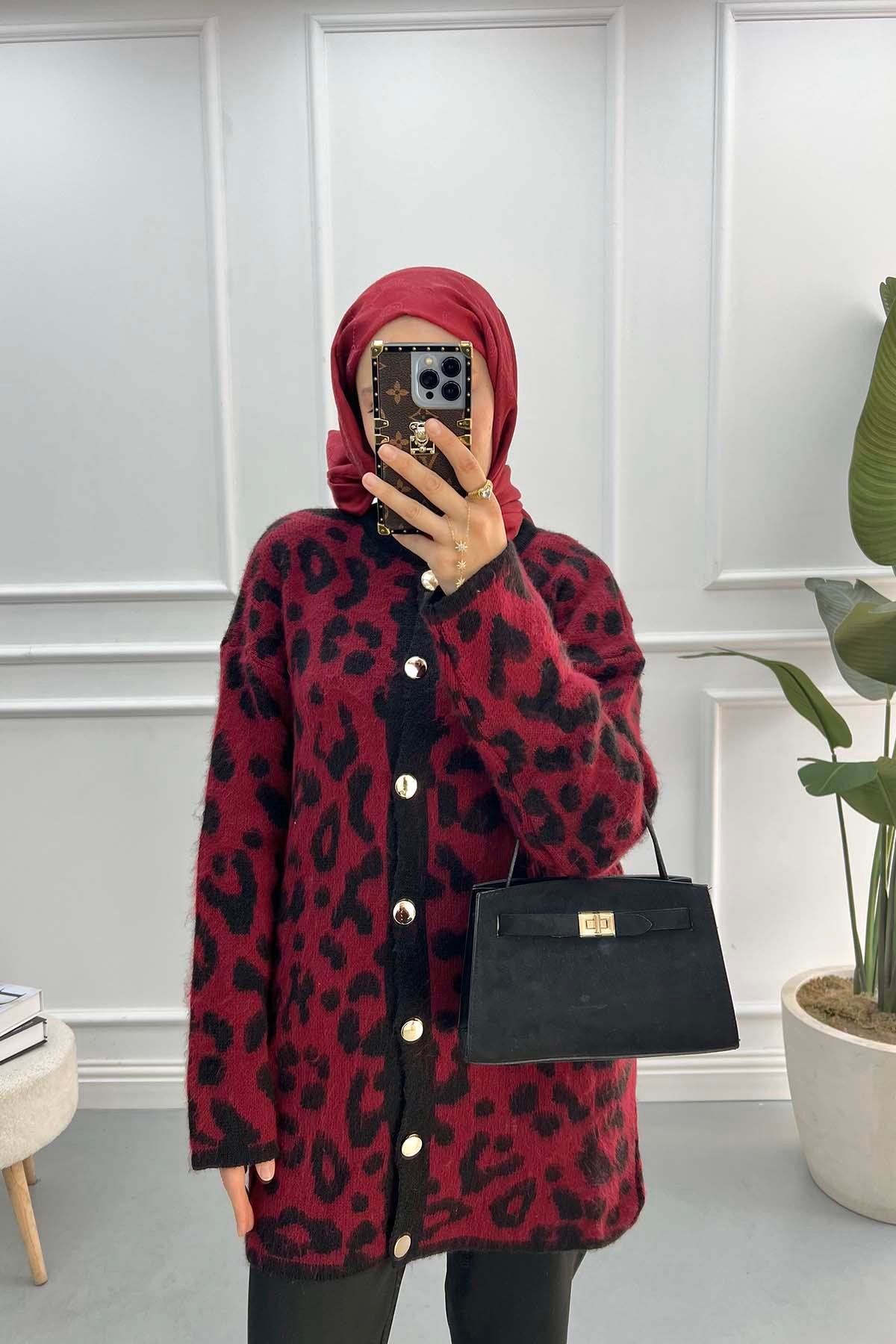 Leopar Desenli Hırka Vişne Çürüğü