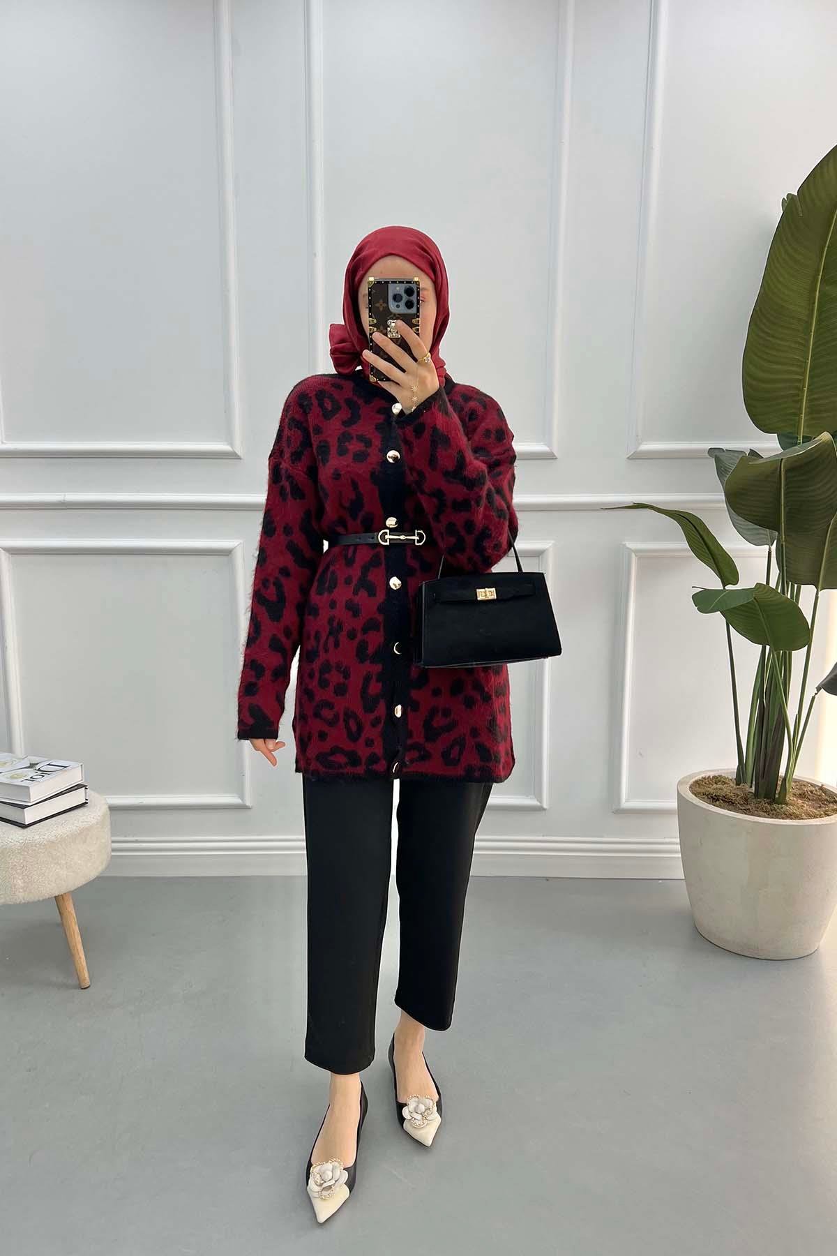 Leopar Desenli Hırka Vişne Çürüğü