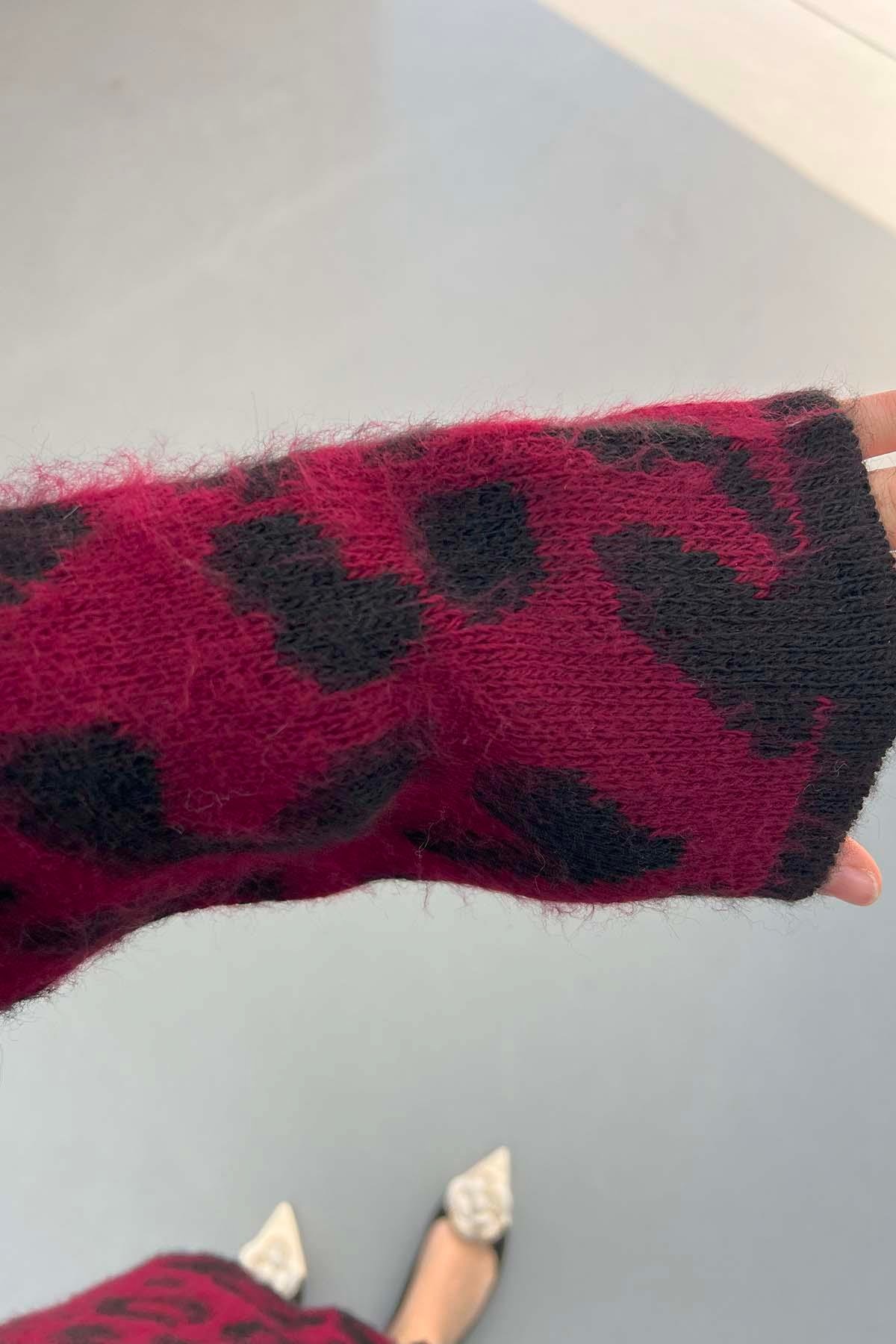 Leopar Desenli Hırka Vişne Çürüğü