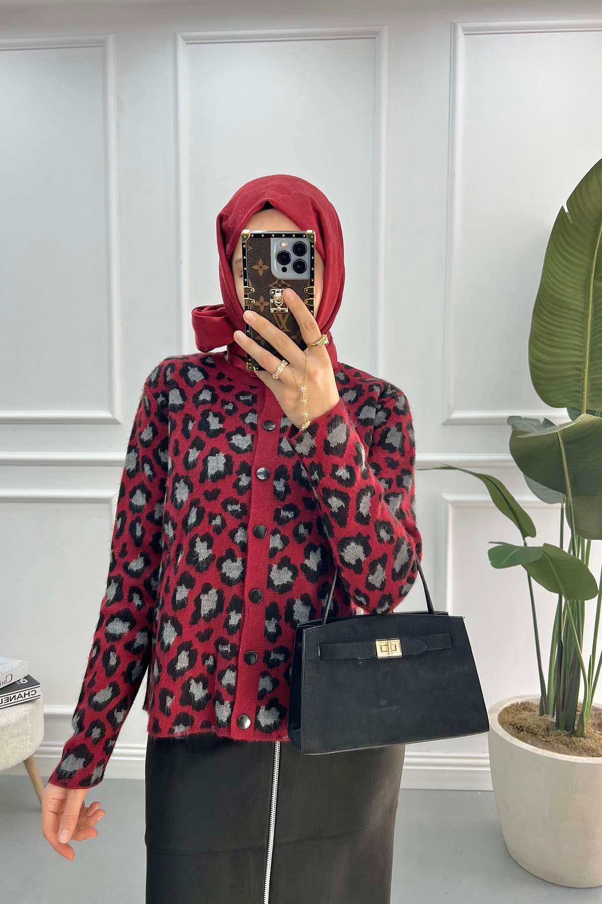 Leopar Desenli Hırka Vişne Çürüğü
