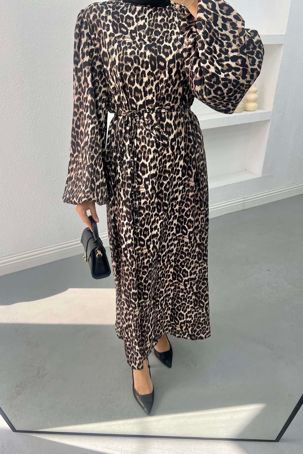 Leopar Desenli Saten Elbise Leopar