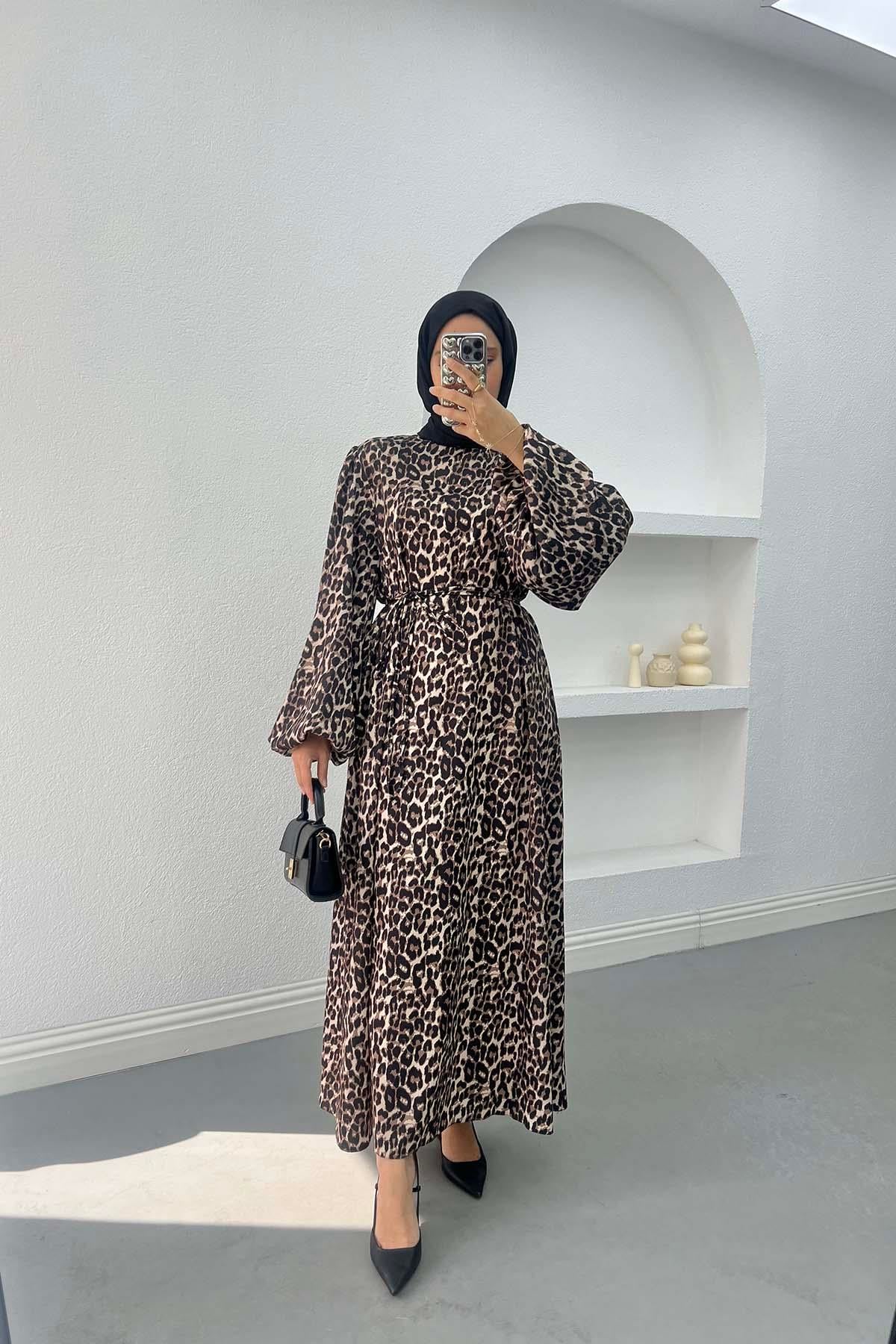 Leopar Desenli Saten Elbise Leopar