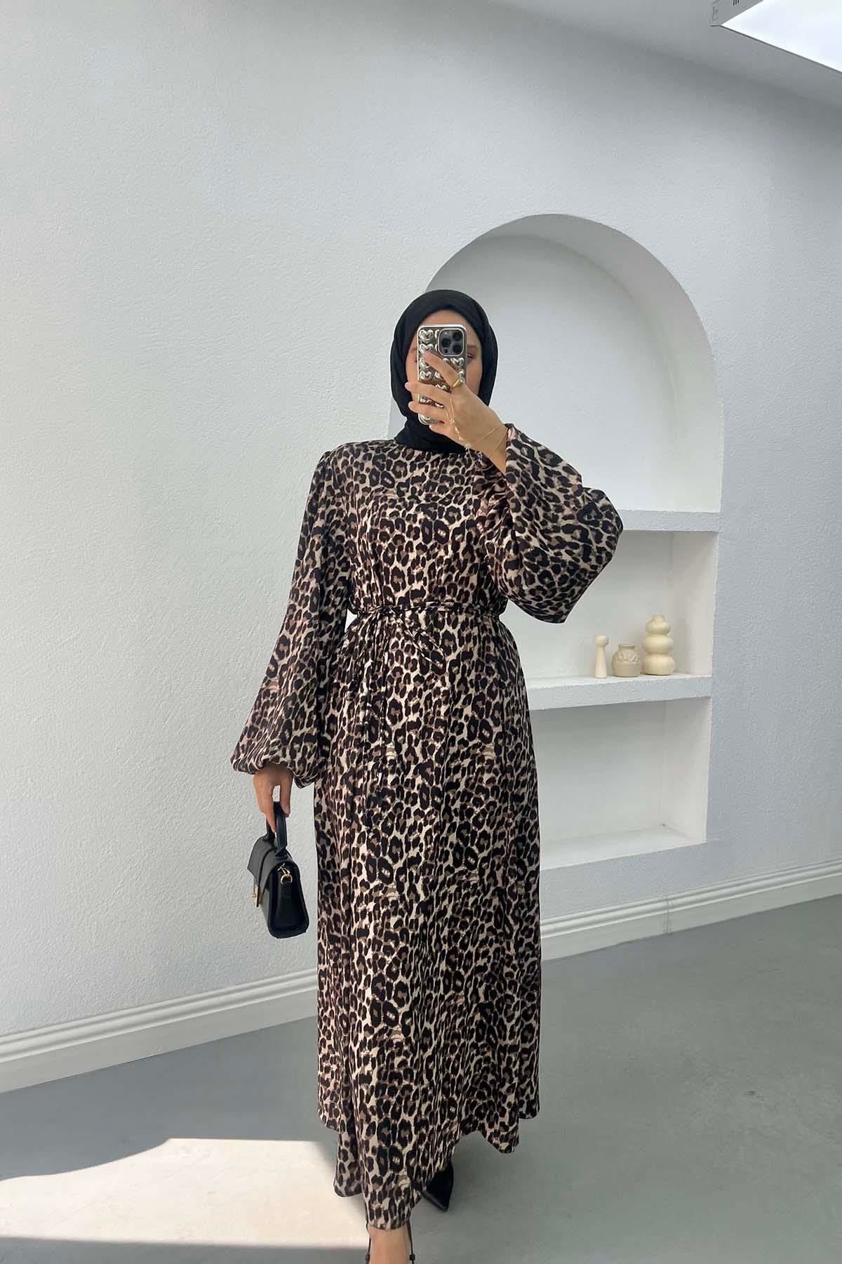 Leopar Desenli Saten Elbise Leopar