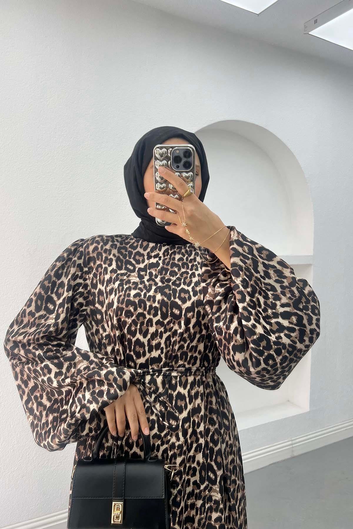 Leopar Desenli Saten Elbise Leopar