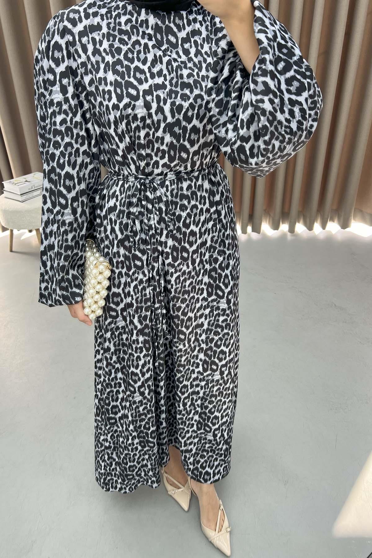 Leopar Desenli Saten Elbise Siyah