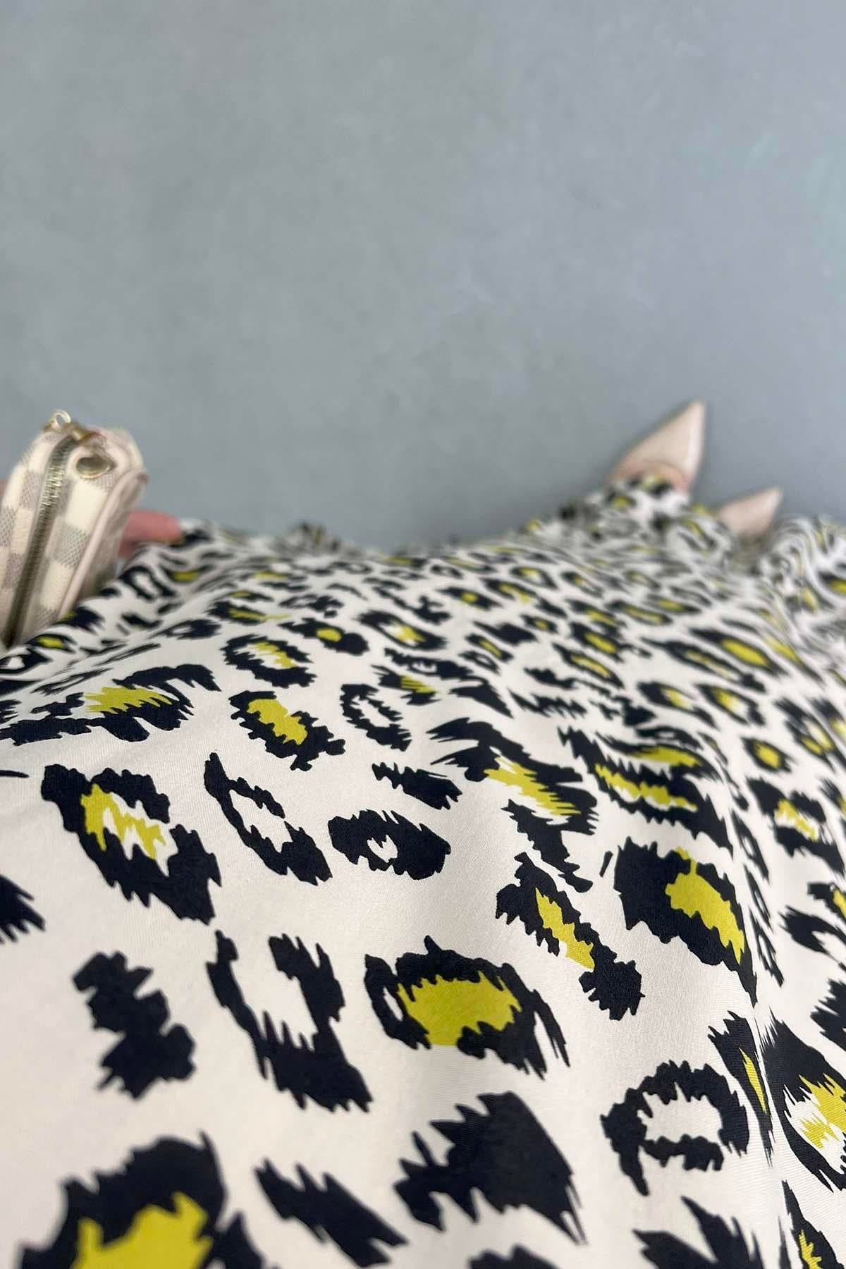 Leopar Desenli Viskon Elbise Bej