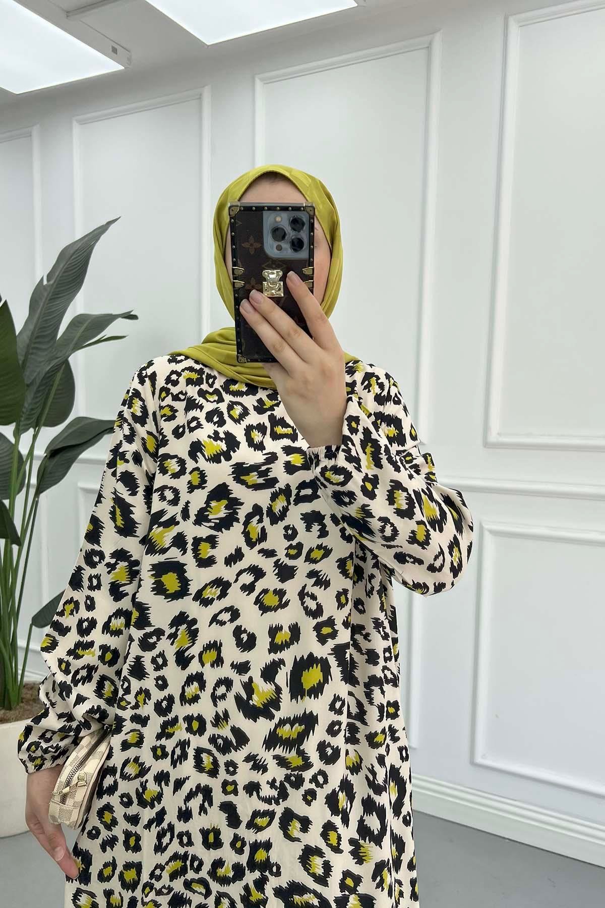 Leopar Desenli Viskon Elbise Bej