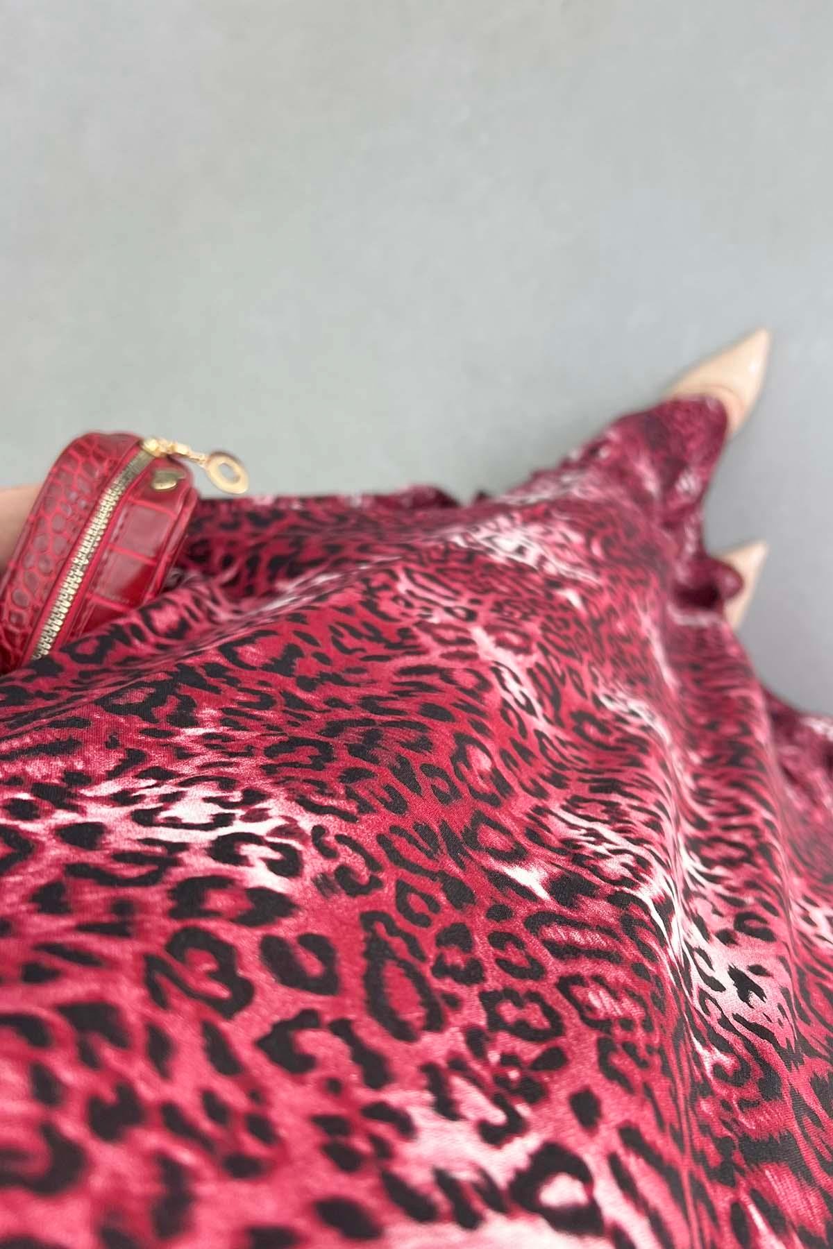 Leopar Desenli Viskon Elbise Bordo