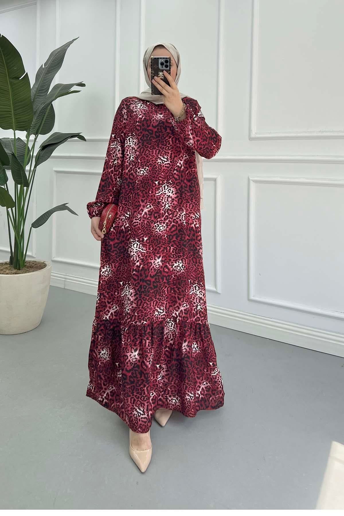 Leopar Desenli Viskon Elbise Bordo