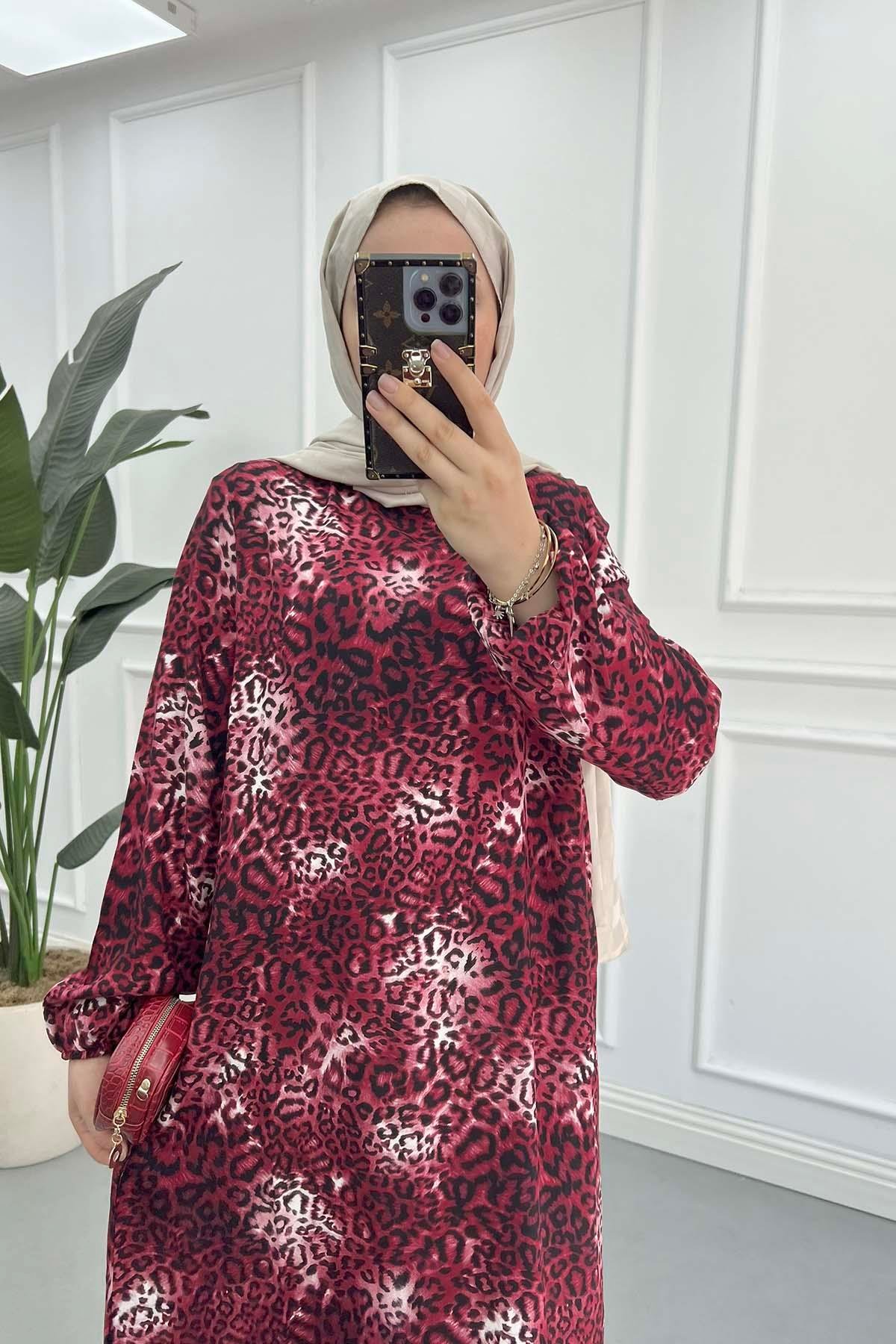 Leopar Desenli Viskon Elbise Bordo