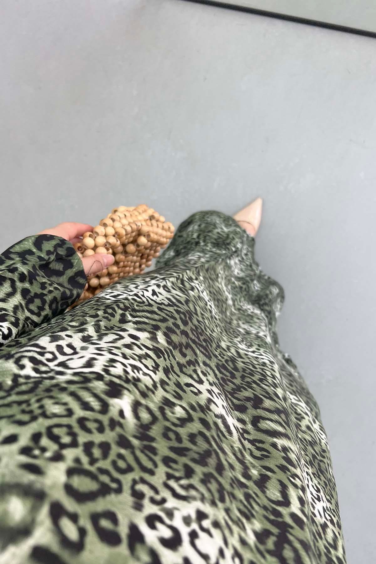 Leopar Desenli Viskon Elbise Yeşil