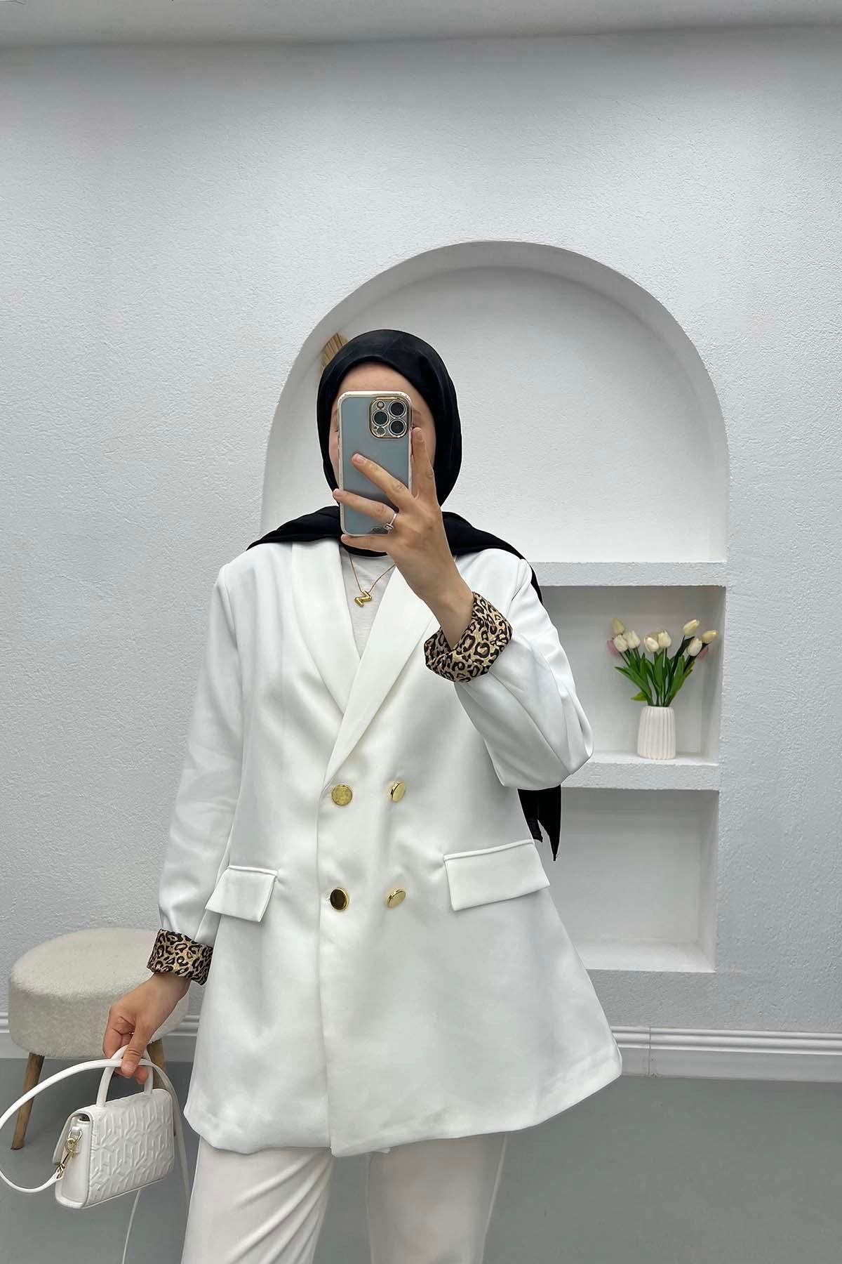 Leopar Detaylı Ceket Beyaz