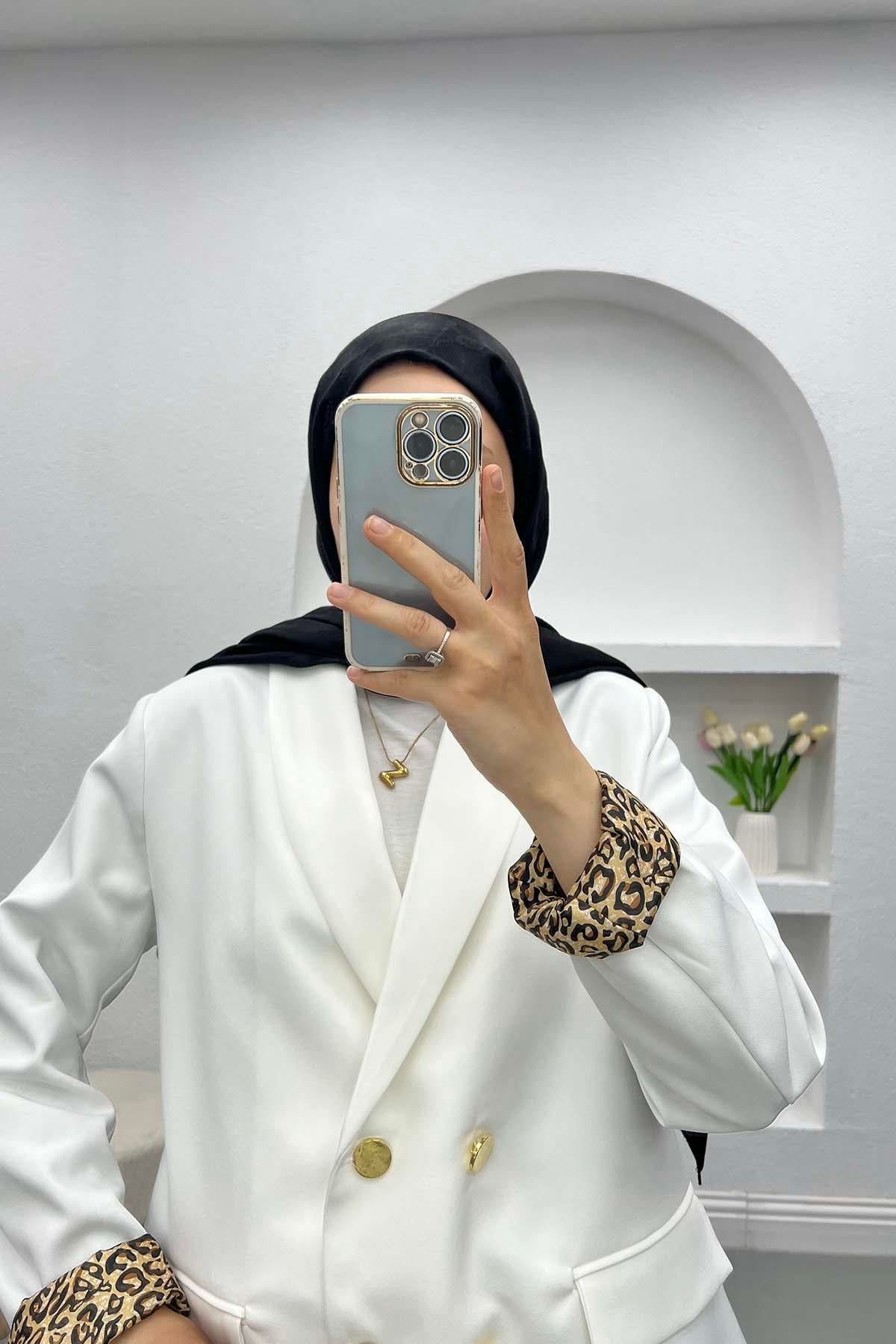 Leopar Detaylı Ceket Beyaz