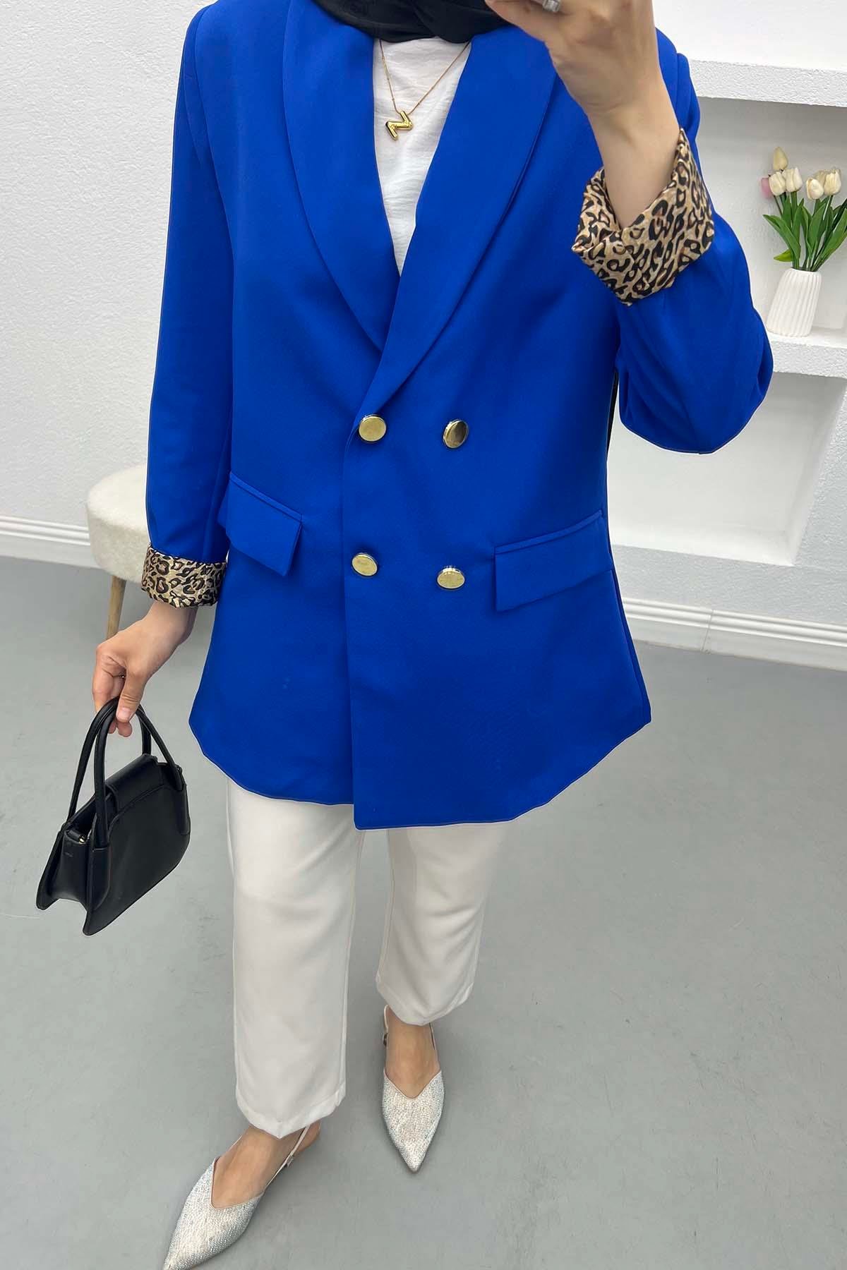 Leopar Detaylı Ceket Saks Mavi