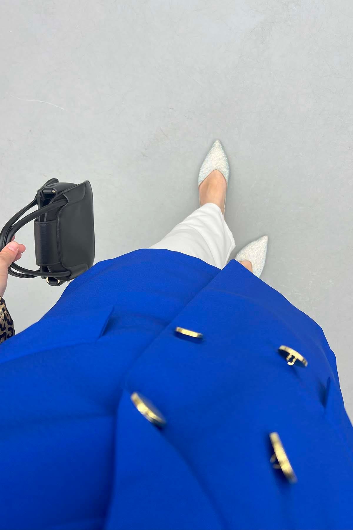 Leopar Detaylı Ceket Saks Mavi