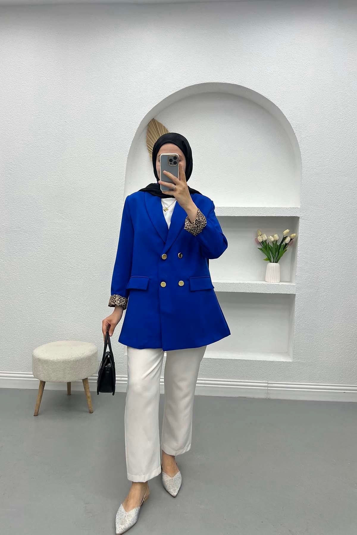 Leopar Detaylı Ceket Saks Mavi