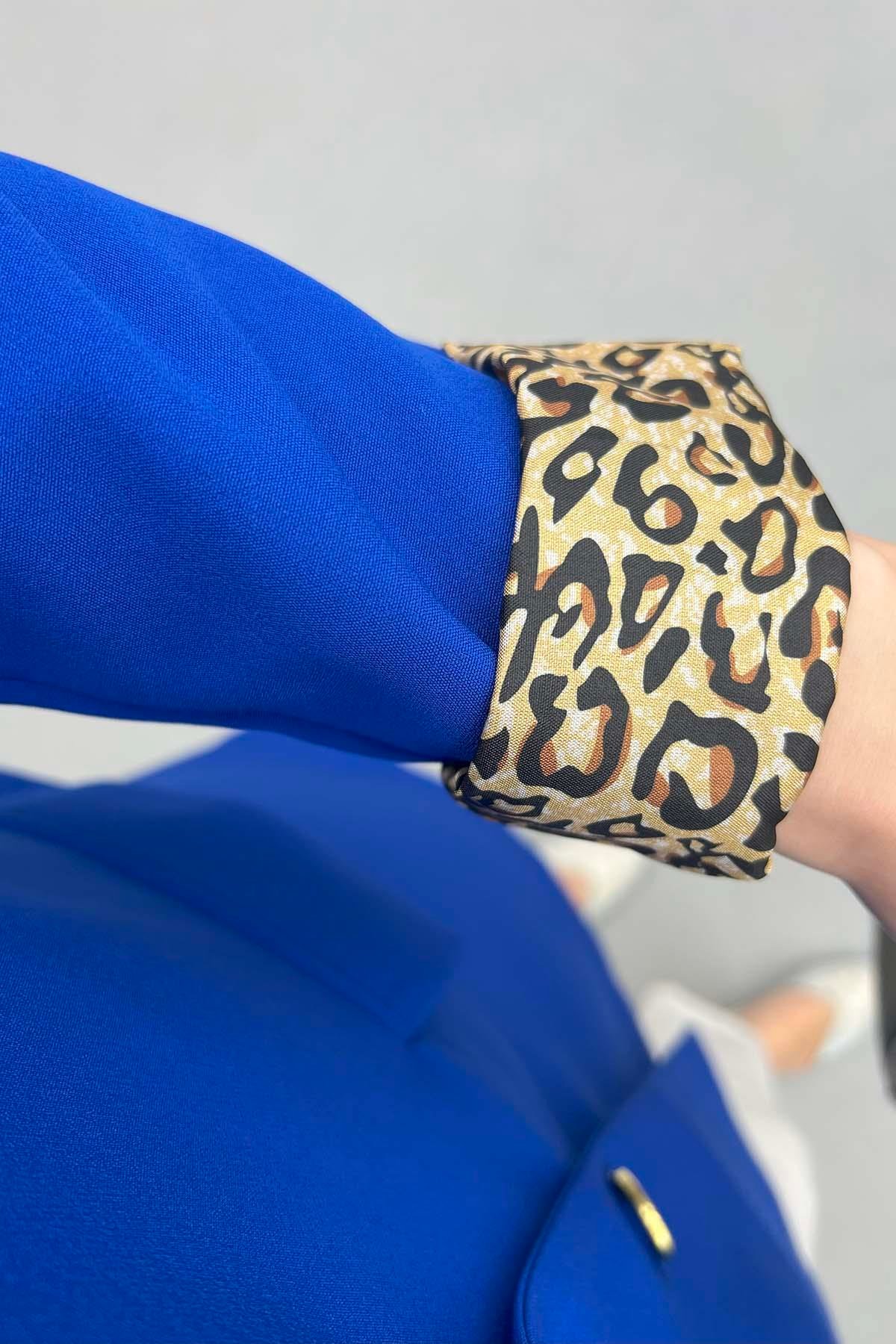Leopar Detaylı Ceket Saks Mavi