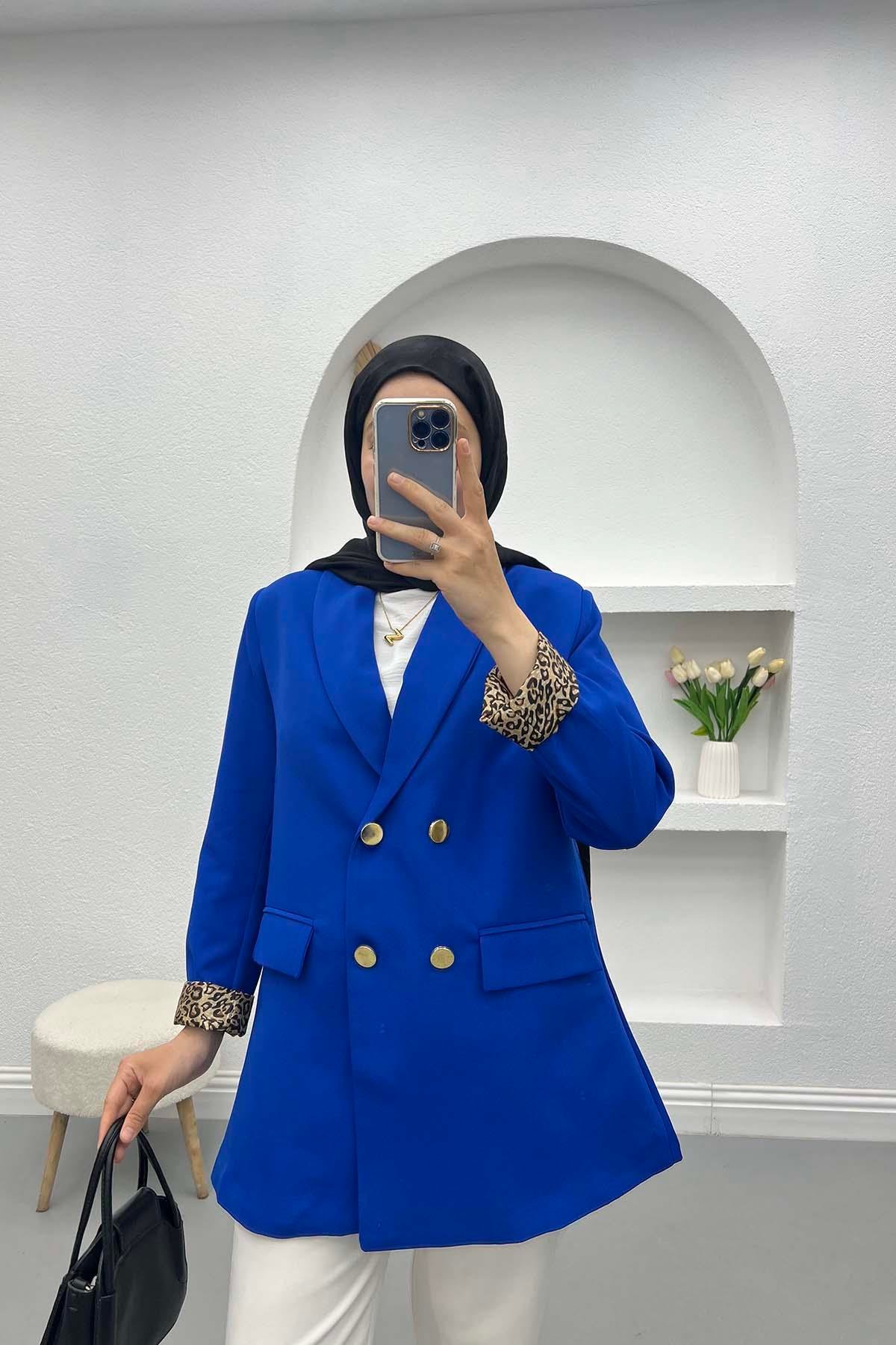 Leopar Detaylı Ceket Saks Mavi