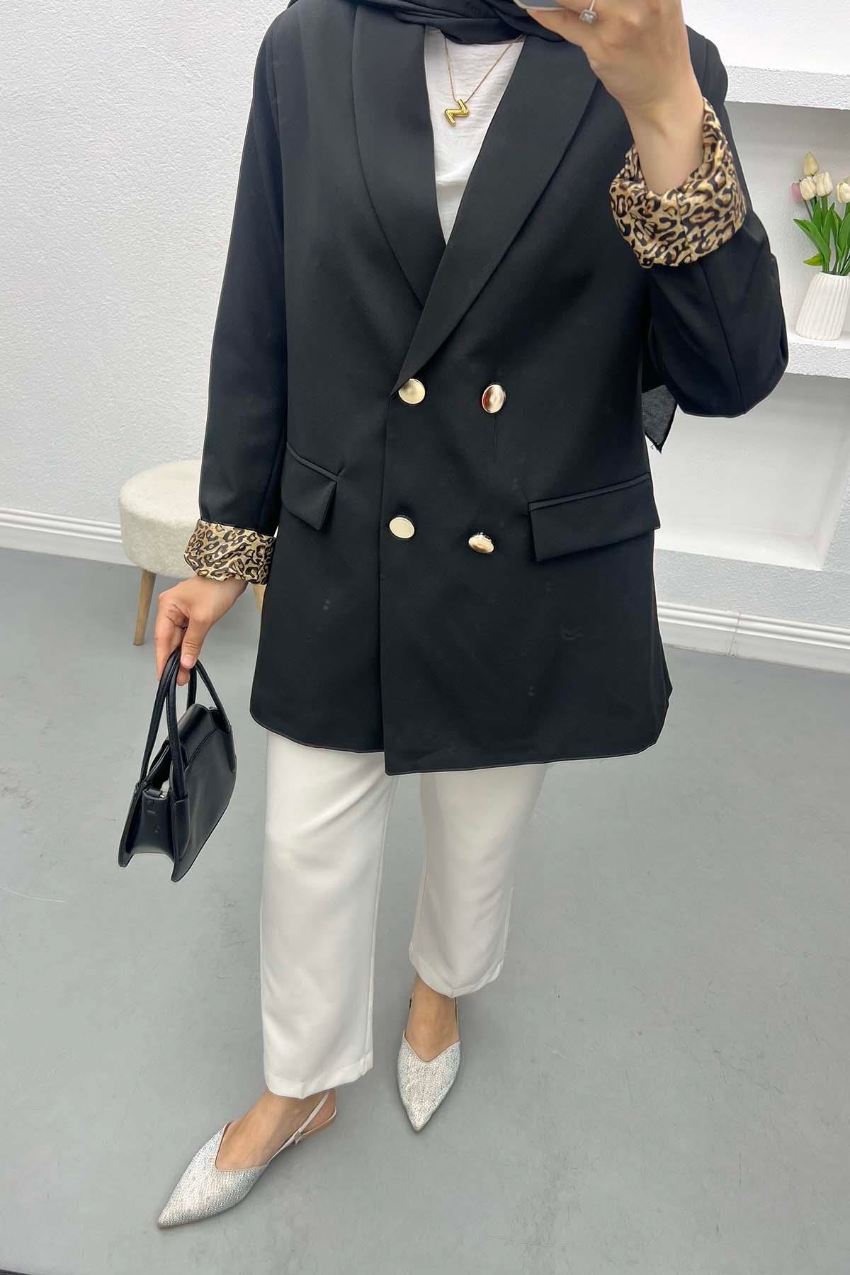 Leopar Detaylı Ceket Siyah