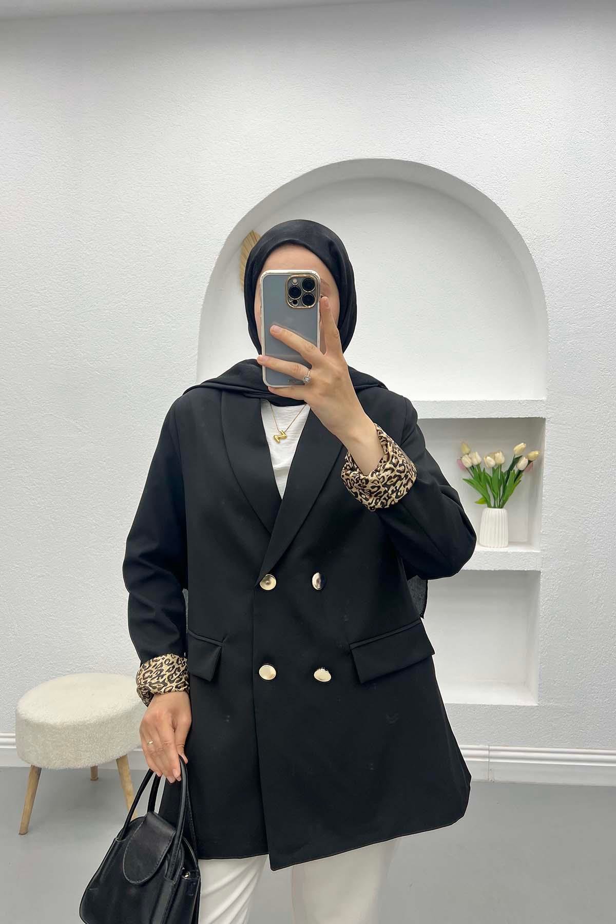 Leopar Detaylı Ceket Siyah