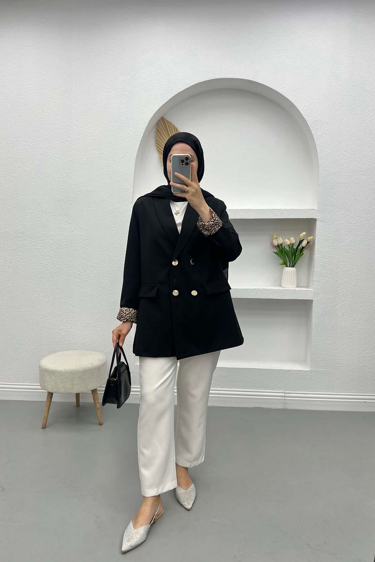 Leopar Detaylı Ceket Siyah
