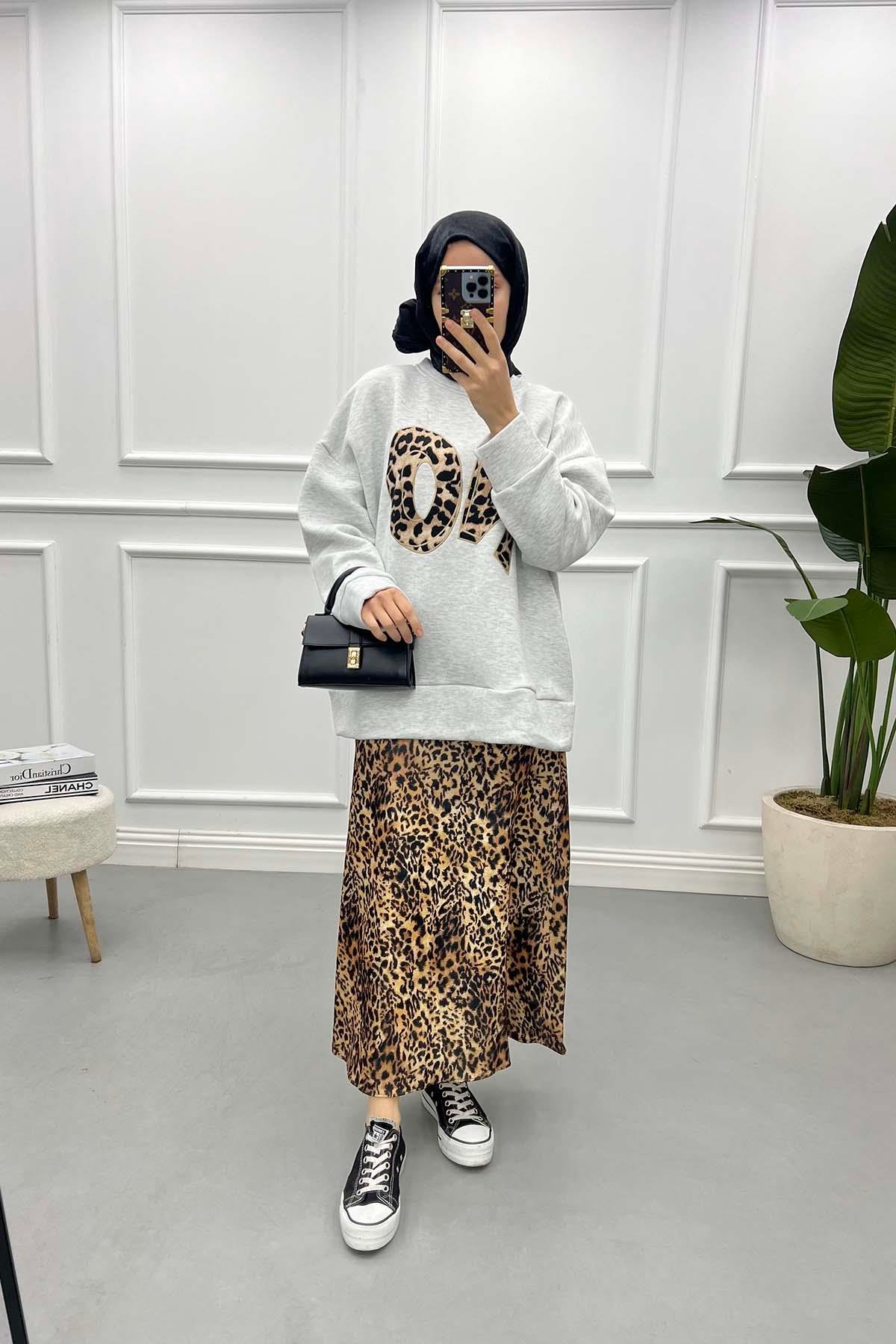Leopar Yazılı Üç İplik Sweatshirt Gri