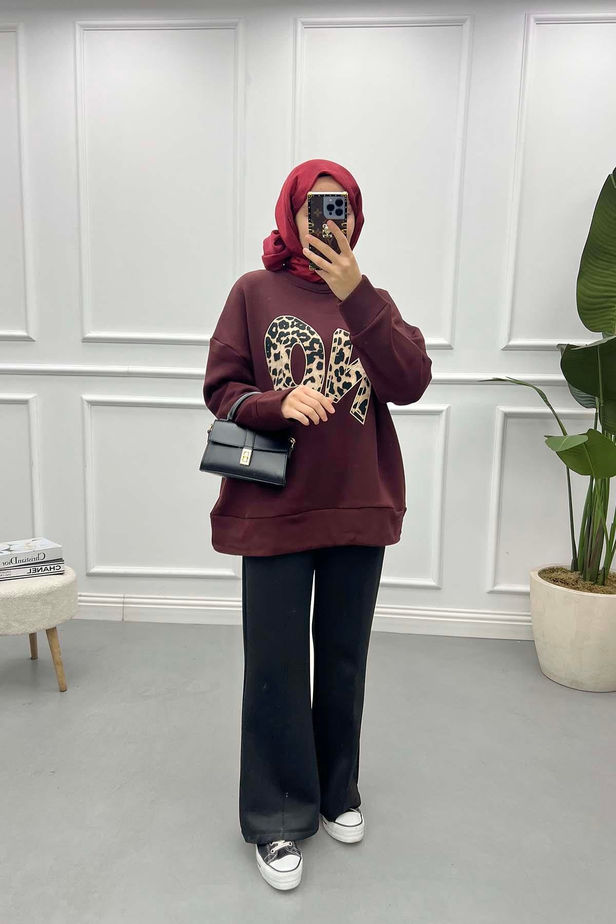 Leopar Yazılı Üç İplik Sweatshirt Vişne Çürüğü