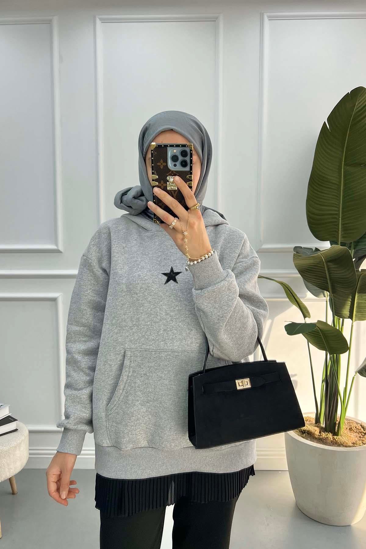 Leopar Yıldızlı Sweatshirt Gri