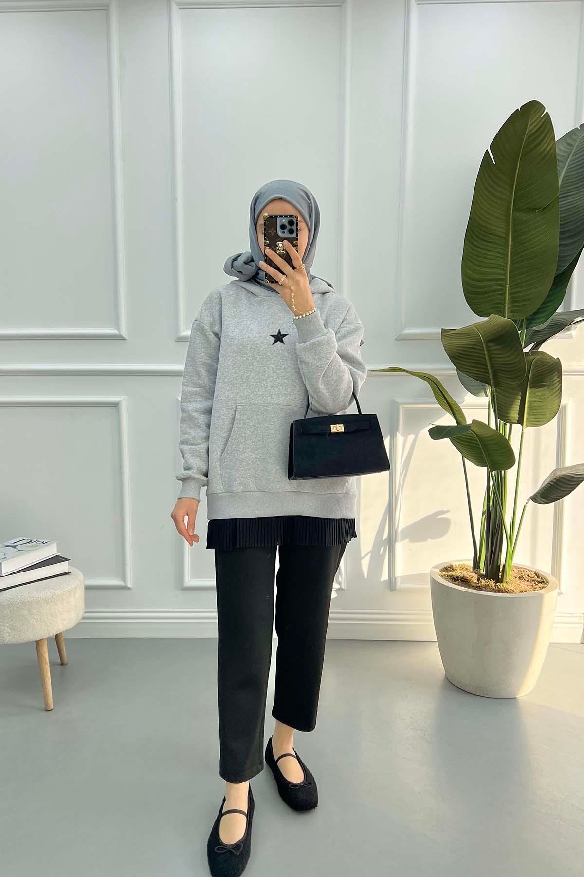 Leopar Yıldızlı Sweatshirt Gri