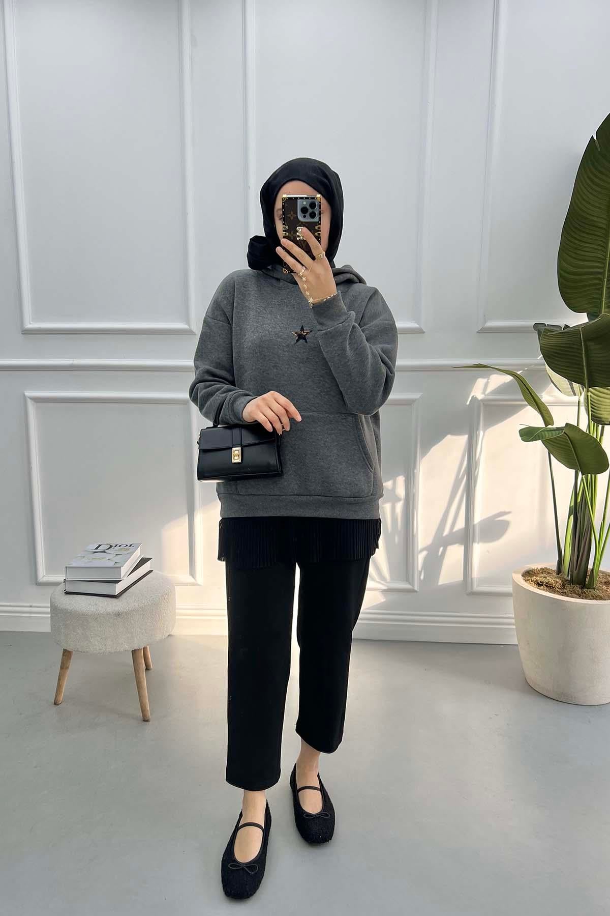 Leopar Yıldızlı Sweatshirt Koyu-Gri