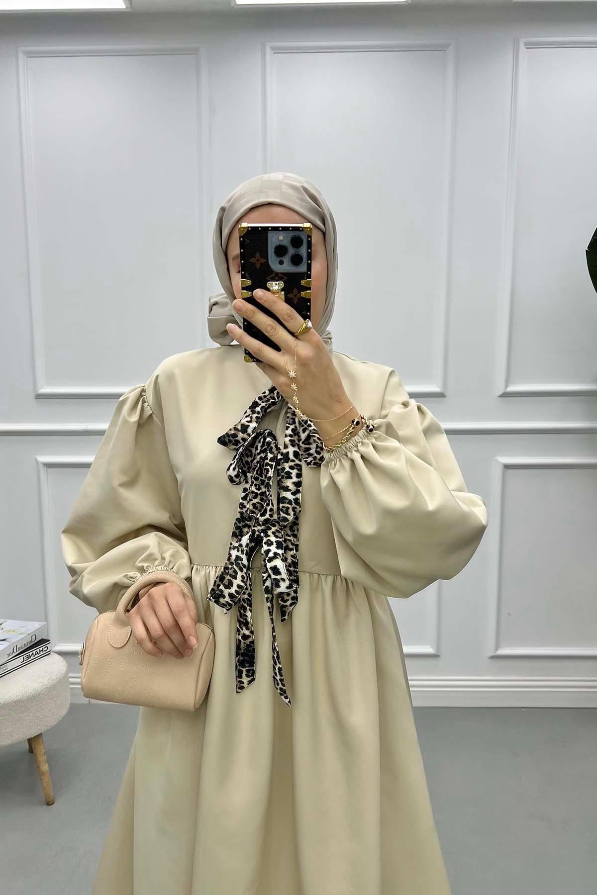 Leoparlı Bağlamalı Elbise Taş