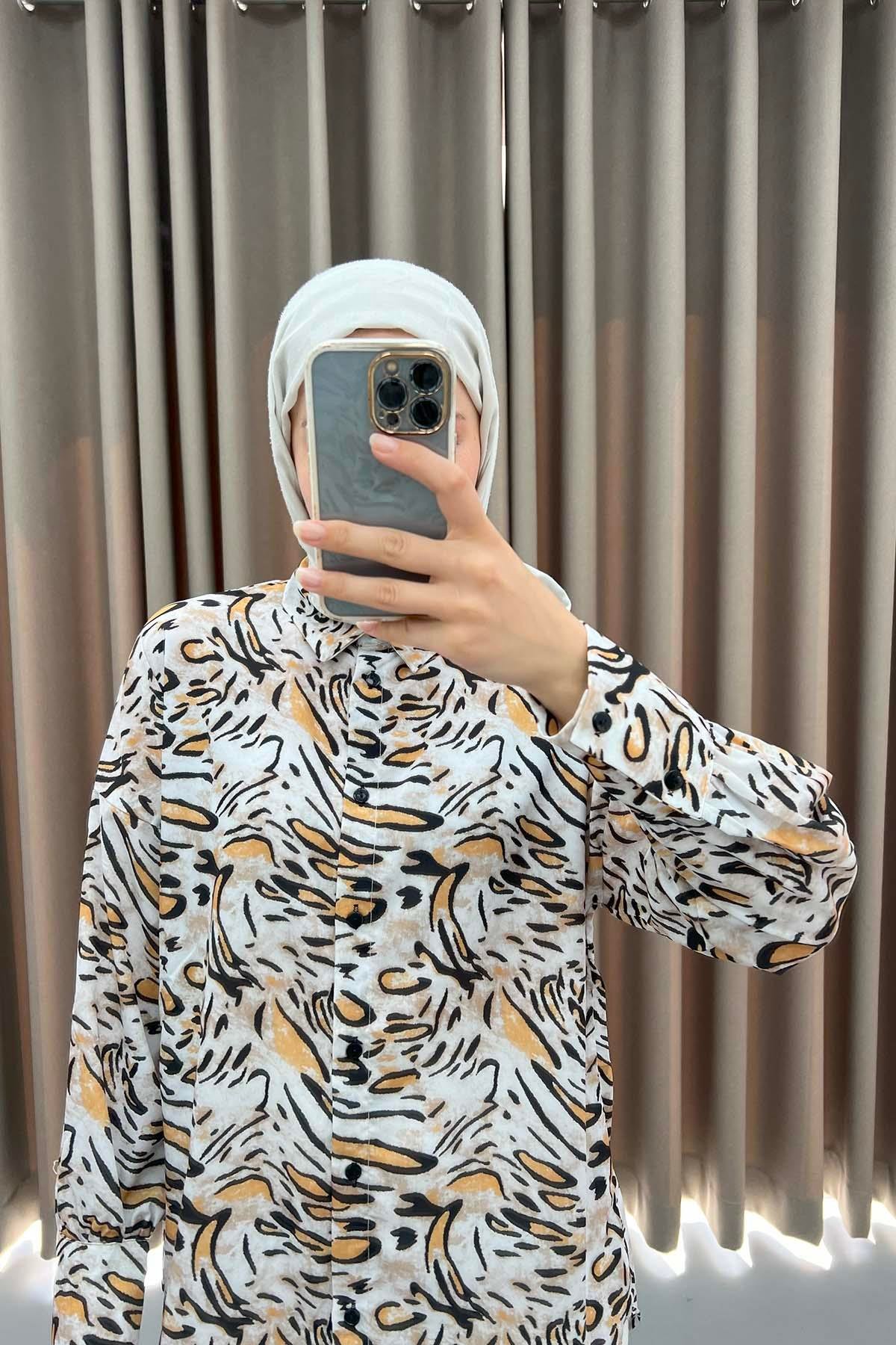 Leoparlı Gömlek Bej