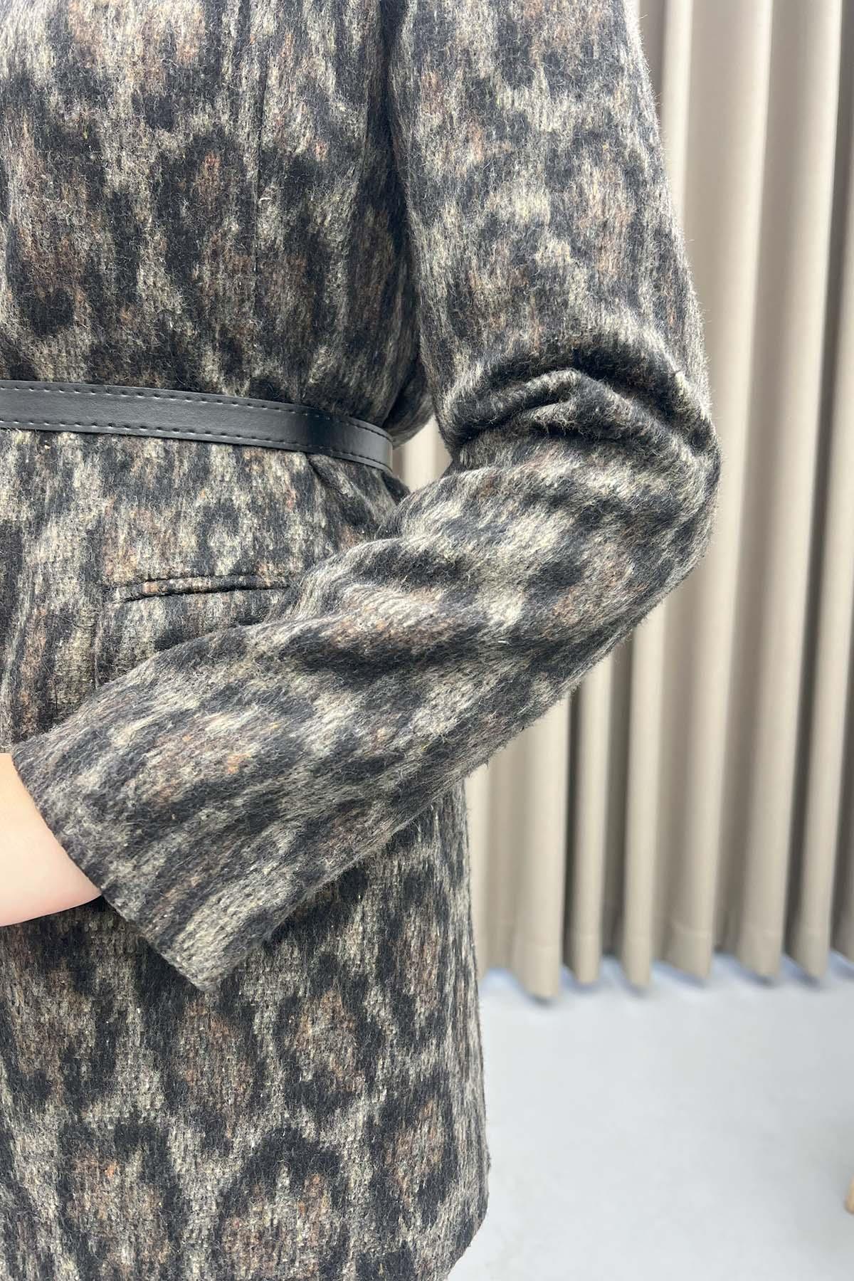 Leoparlı Kemerli Blazer Ceket Leopar