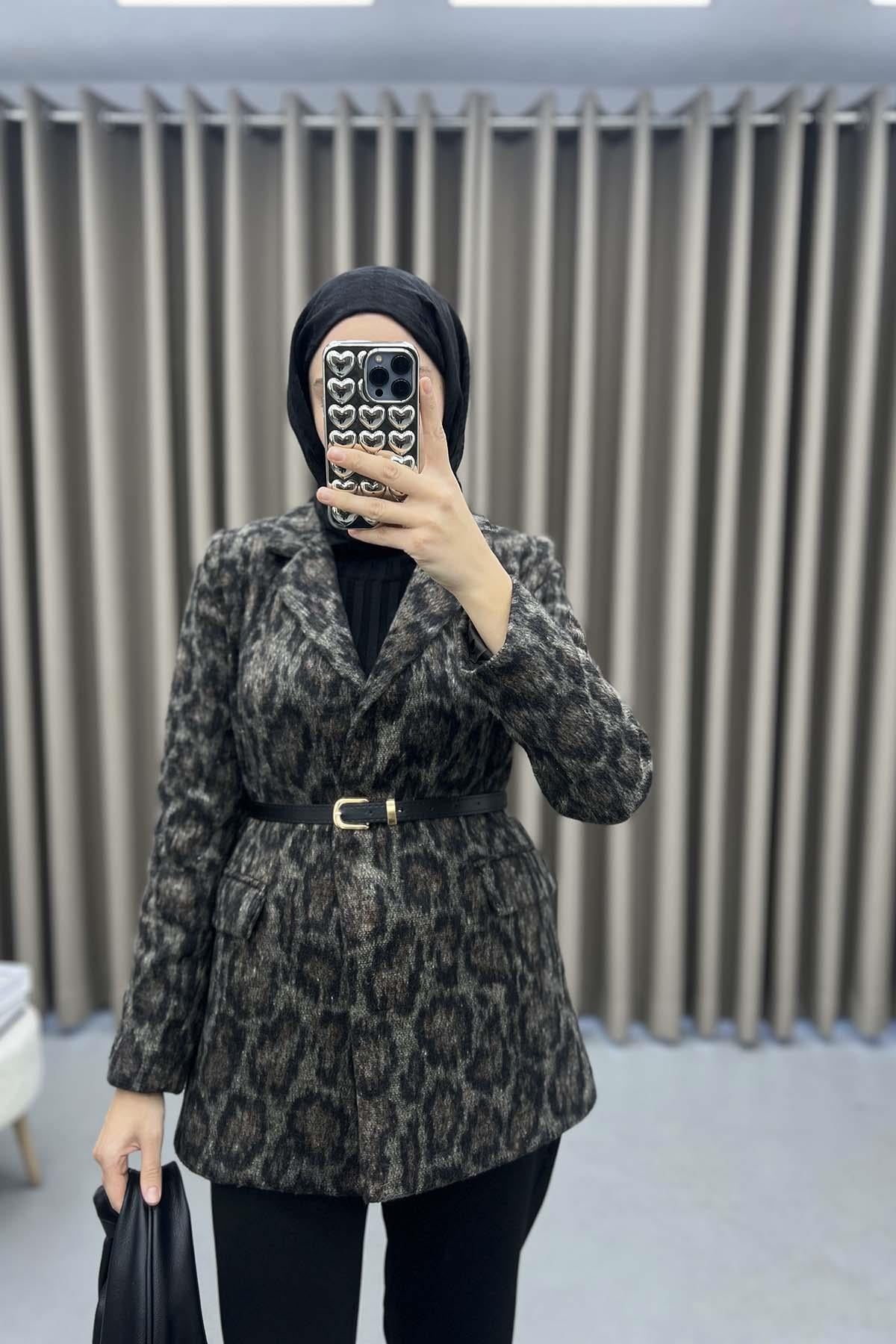 Leoparlı Kemerli Blazer Ceket Leopar