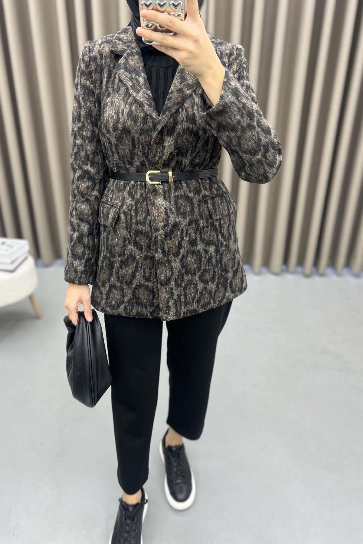 Leoparlı Kemerli Blazer Ceket Leopar