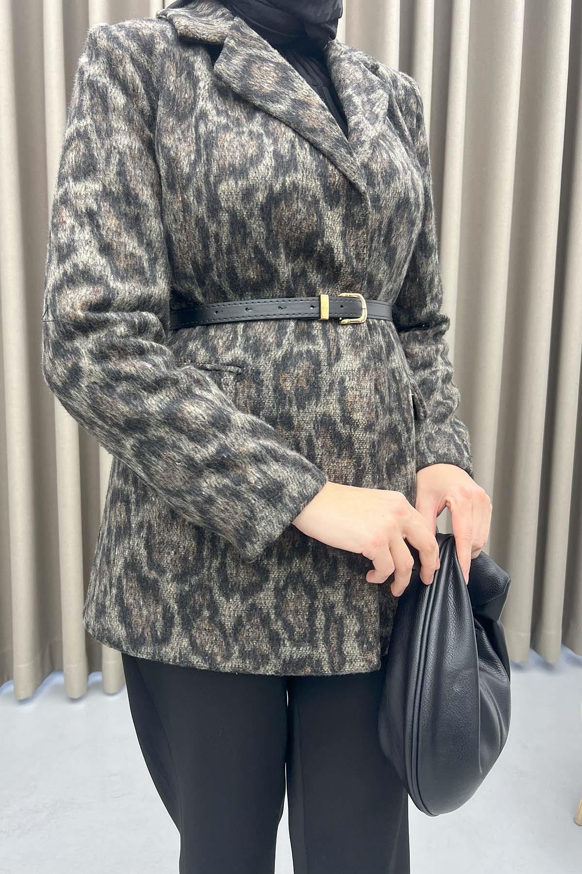 Leoparlı Kemerli Blazer Ceket Leopar